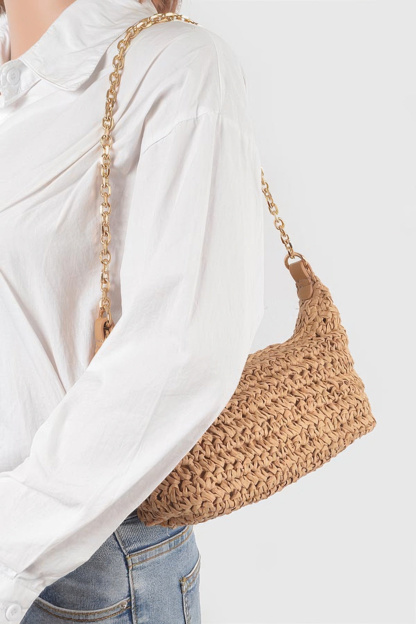 Faux Straw Woven Shoulder Bag with Chain Strap Secondary image