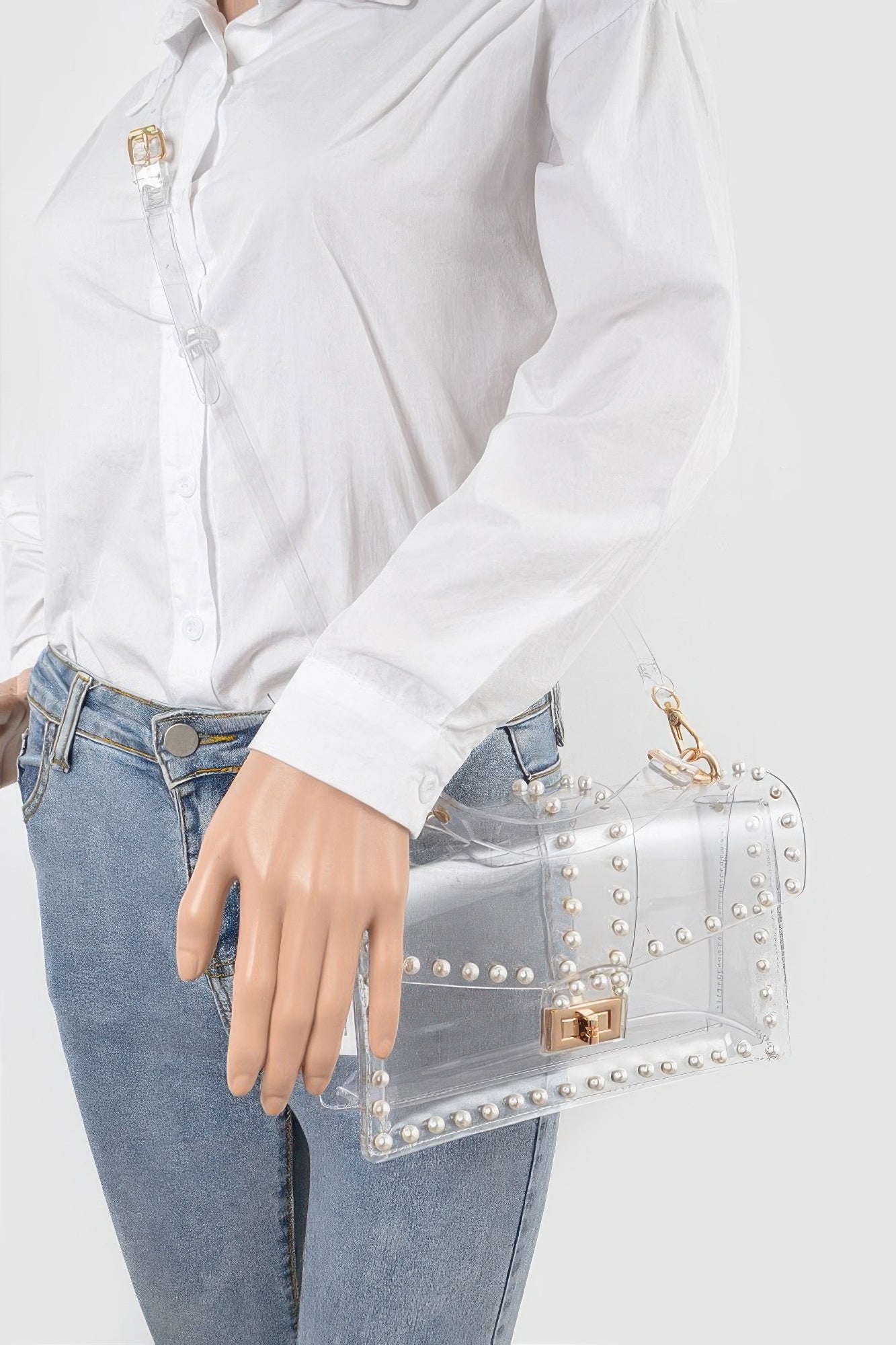 Clear Faux Pearl PVC Clutch with Detachable Strap Secondary image