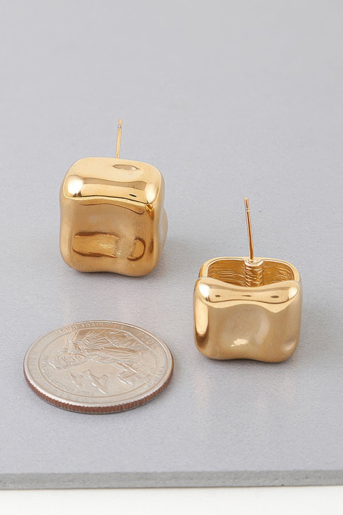 Gold Rounded Square Stud Earrings Secondary image