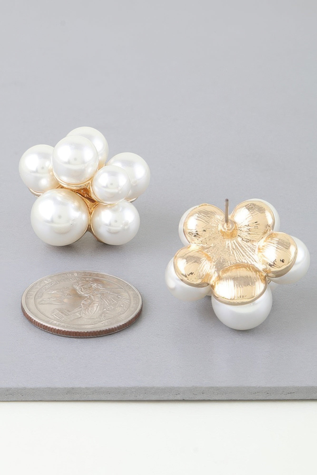 Gold Cream Pearl Cluster Flower Stud Earrings Secondary image