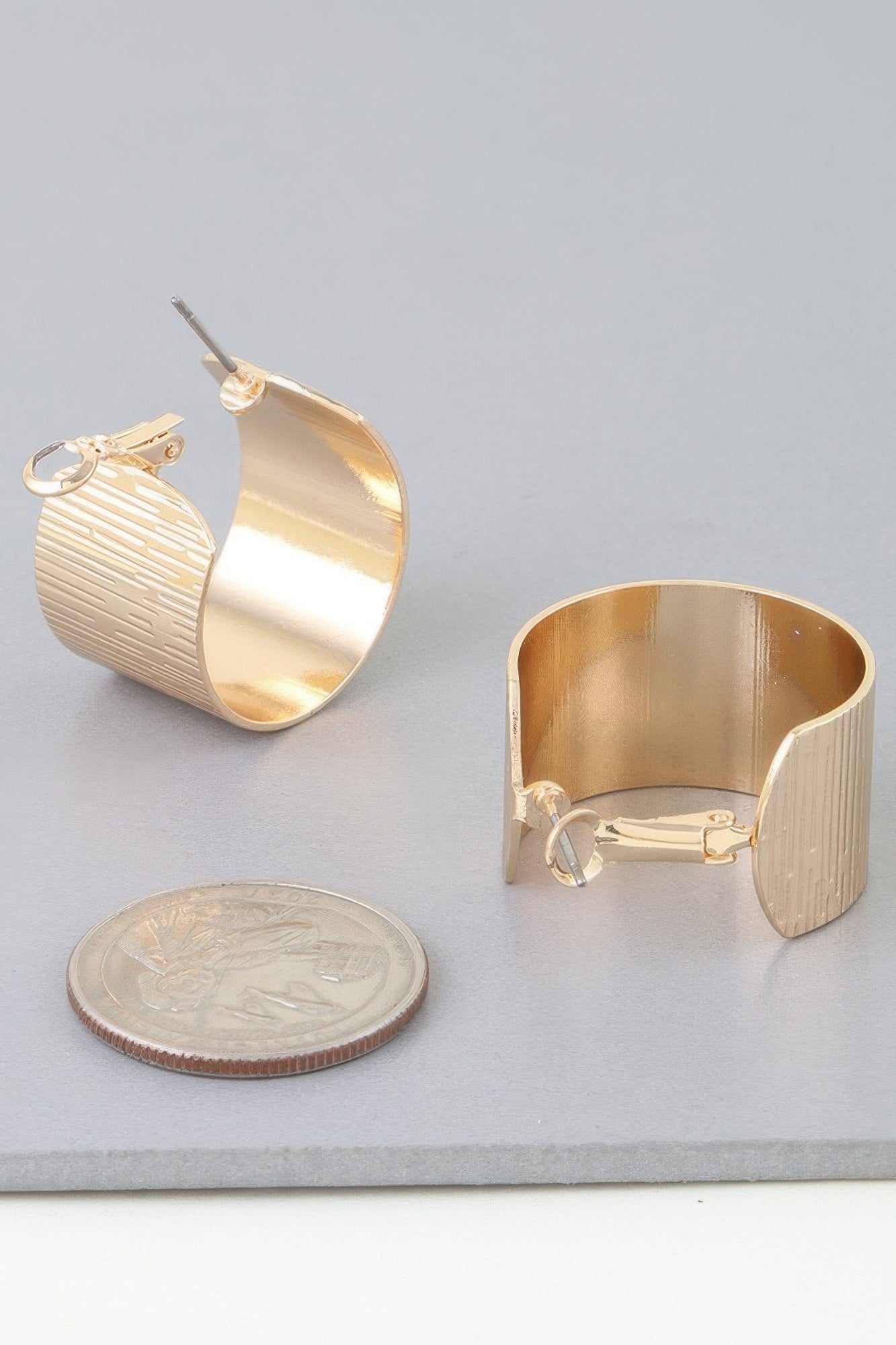 Gold Ribbed Wide Hoop Earrings Secondary image