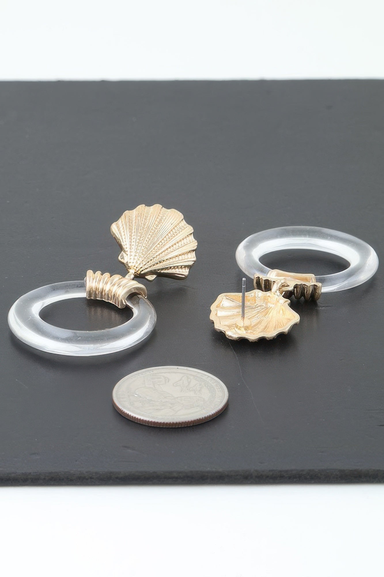 Gold Shell and Clear Hoop Drop Earrings Secondary image