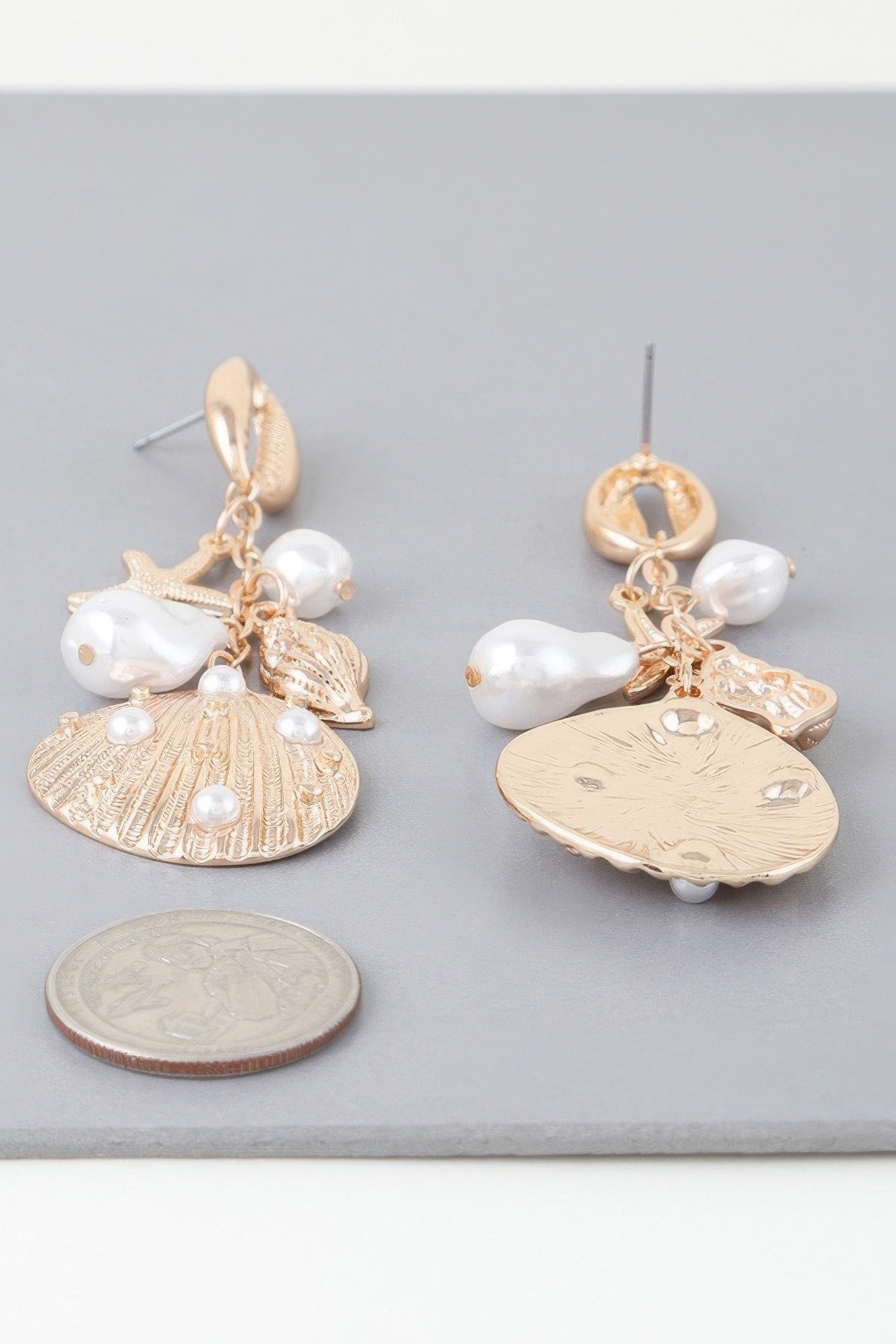 Gold-Plated Pearl Seashell Drop Earrings Secondary image