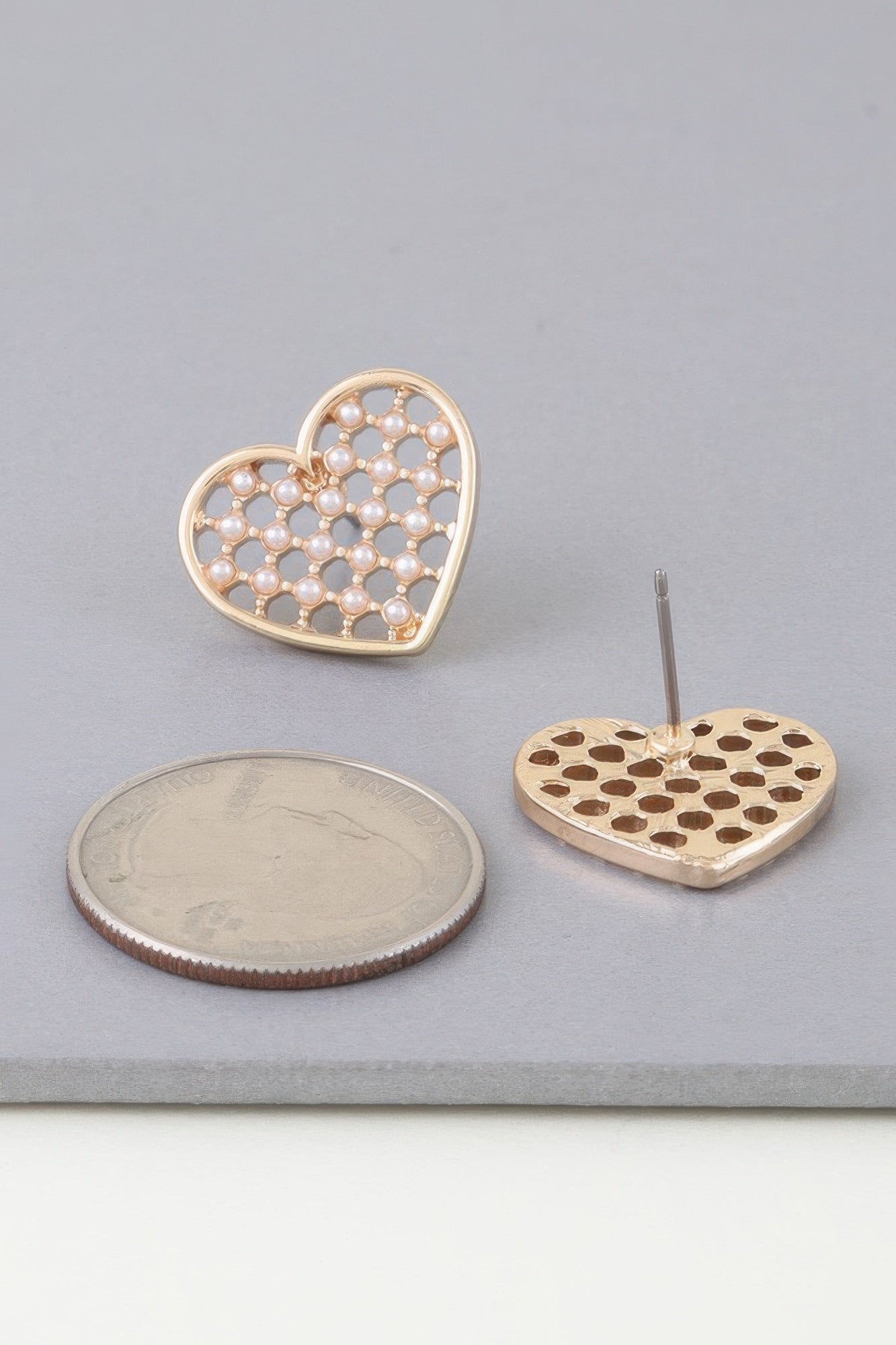 Gold Cream Pearl-Accented Heart Stud Earrings Secondary image