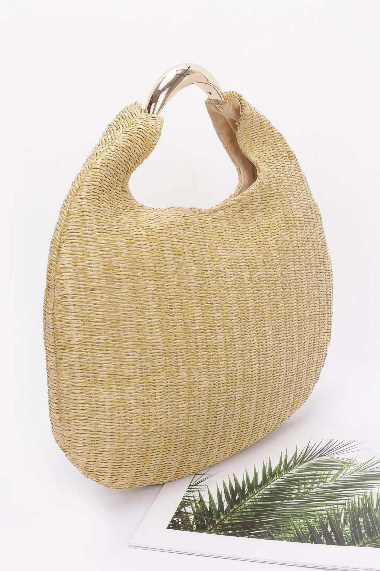 Khaki Faux Straw Hobo Bag with Metal Handle Secondary image