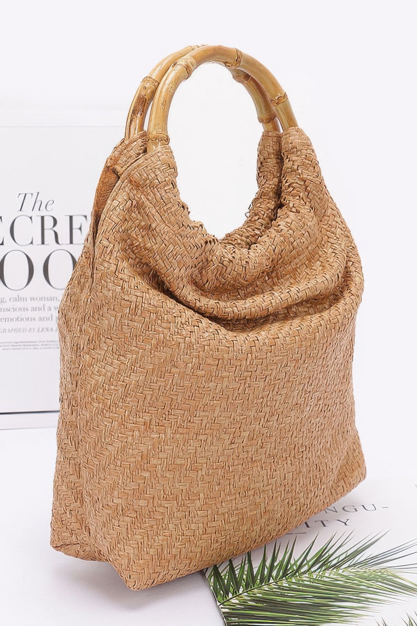 Faux Straw Textured Handbag with Bamboo Handle Secondary image