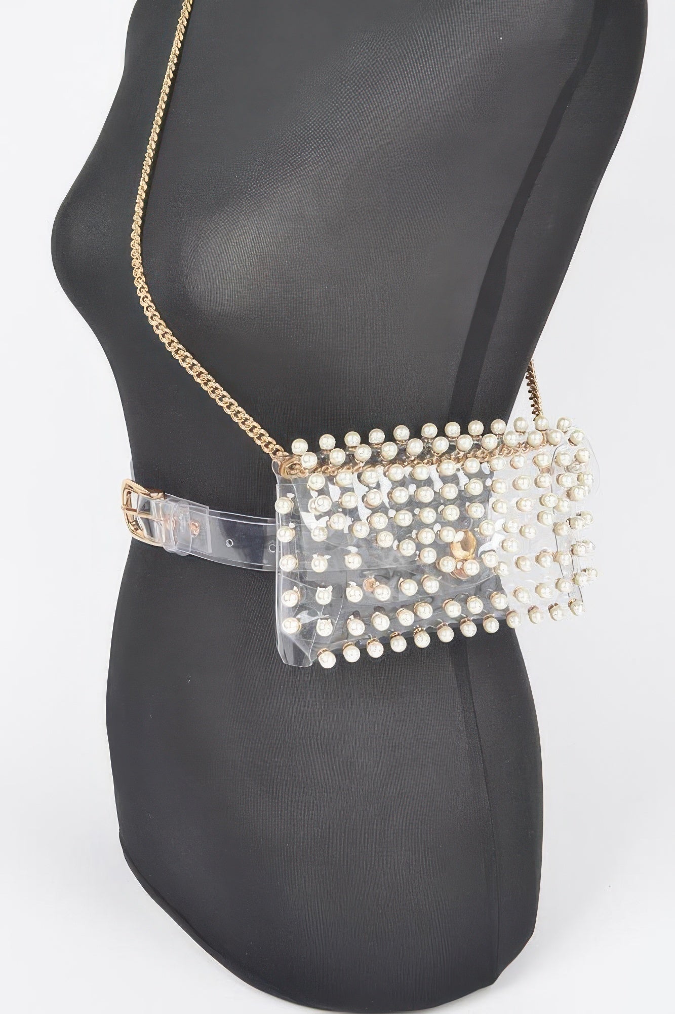 Clear Pearl-Embellished Belt Bag with Chain Secondary image