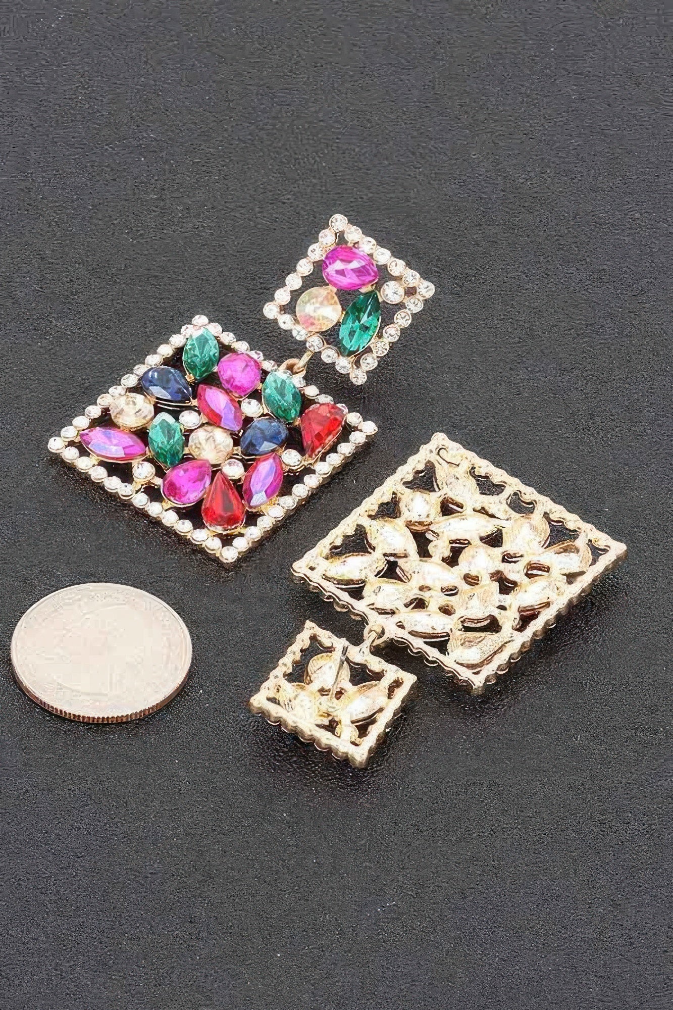 Square Multicolor Rhinestone Dangle Earrings Secondary image