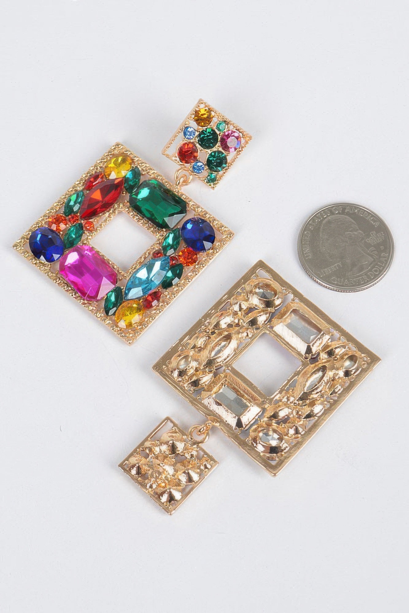 Multicolor Double-Square Rhinestone Dangle Earrings Secondary image