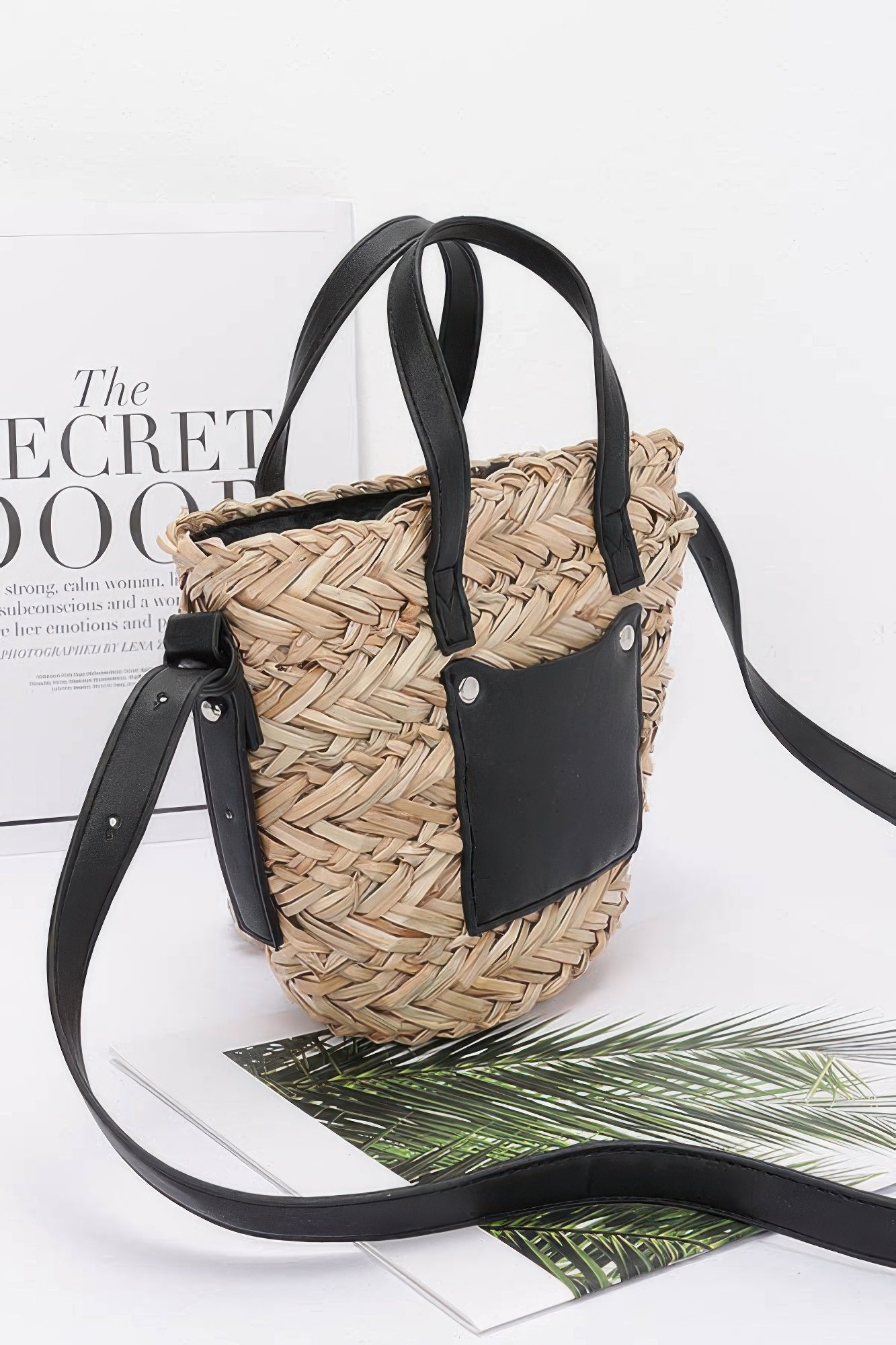 Woven Faux Straw Tote with Contrast Trim Secondary image