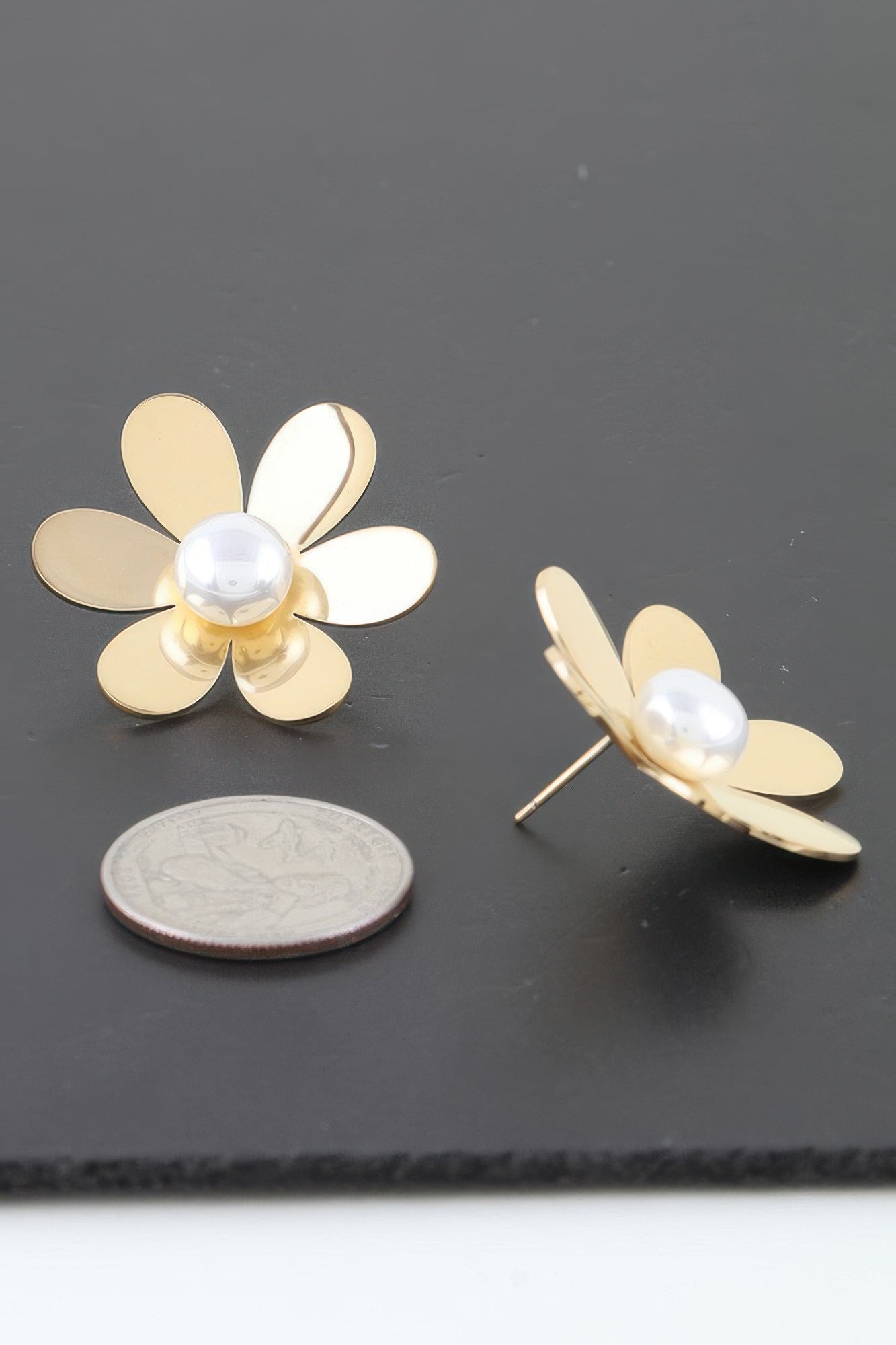 Gold Daisy Flower Stud Earrings with Pearl Centers Secondary image