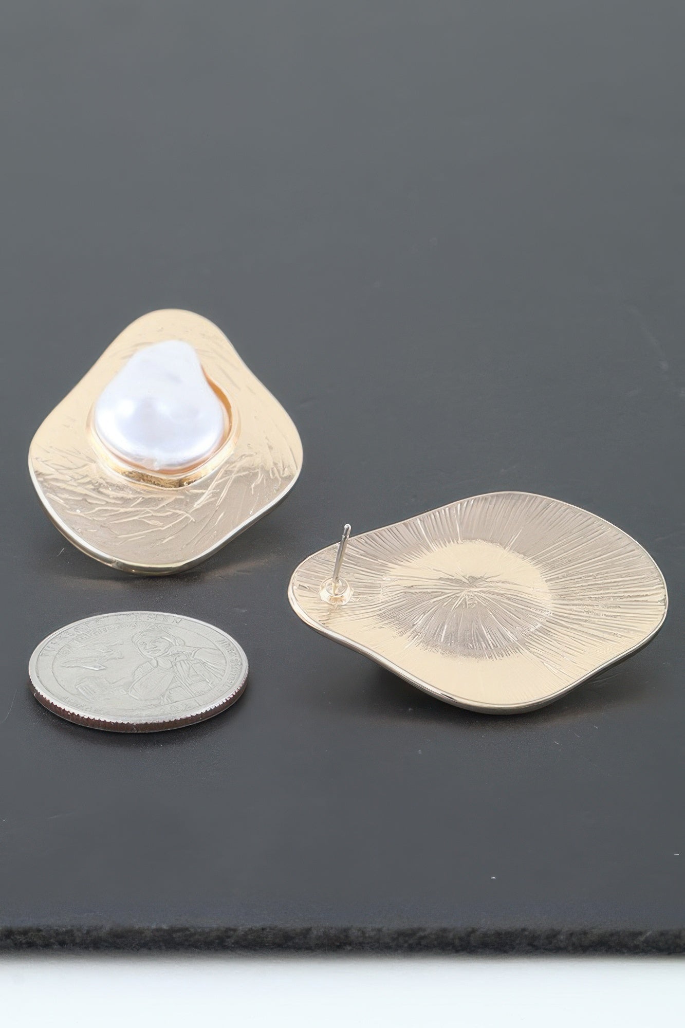 Gold-Tone Etched Cream Center Stud Earrings Secondary image