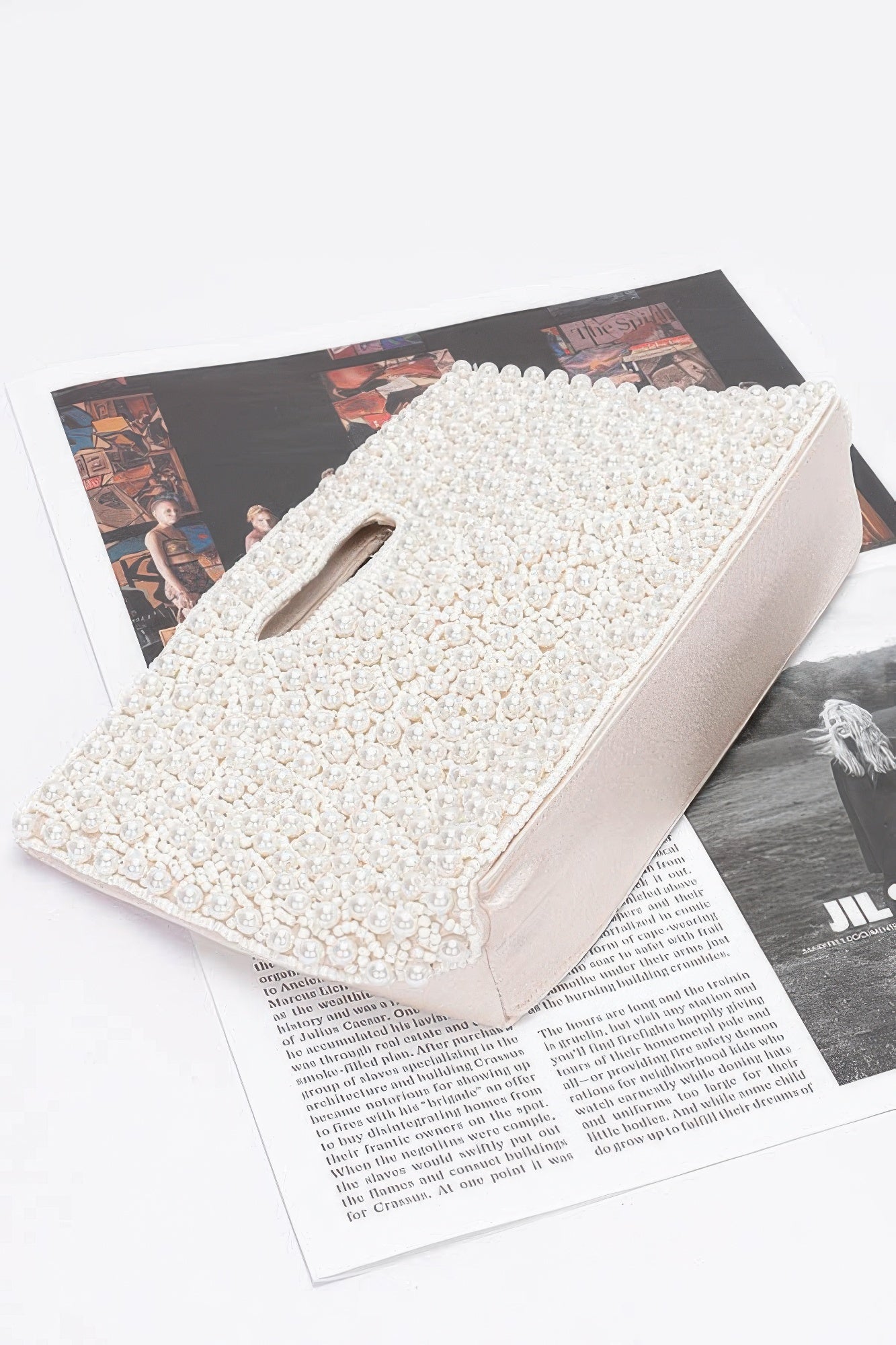 Cream Faux Pearl Beaded Clutch With Chain Strap Secondary image