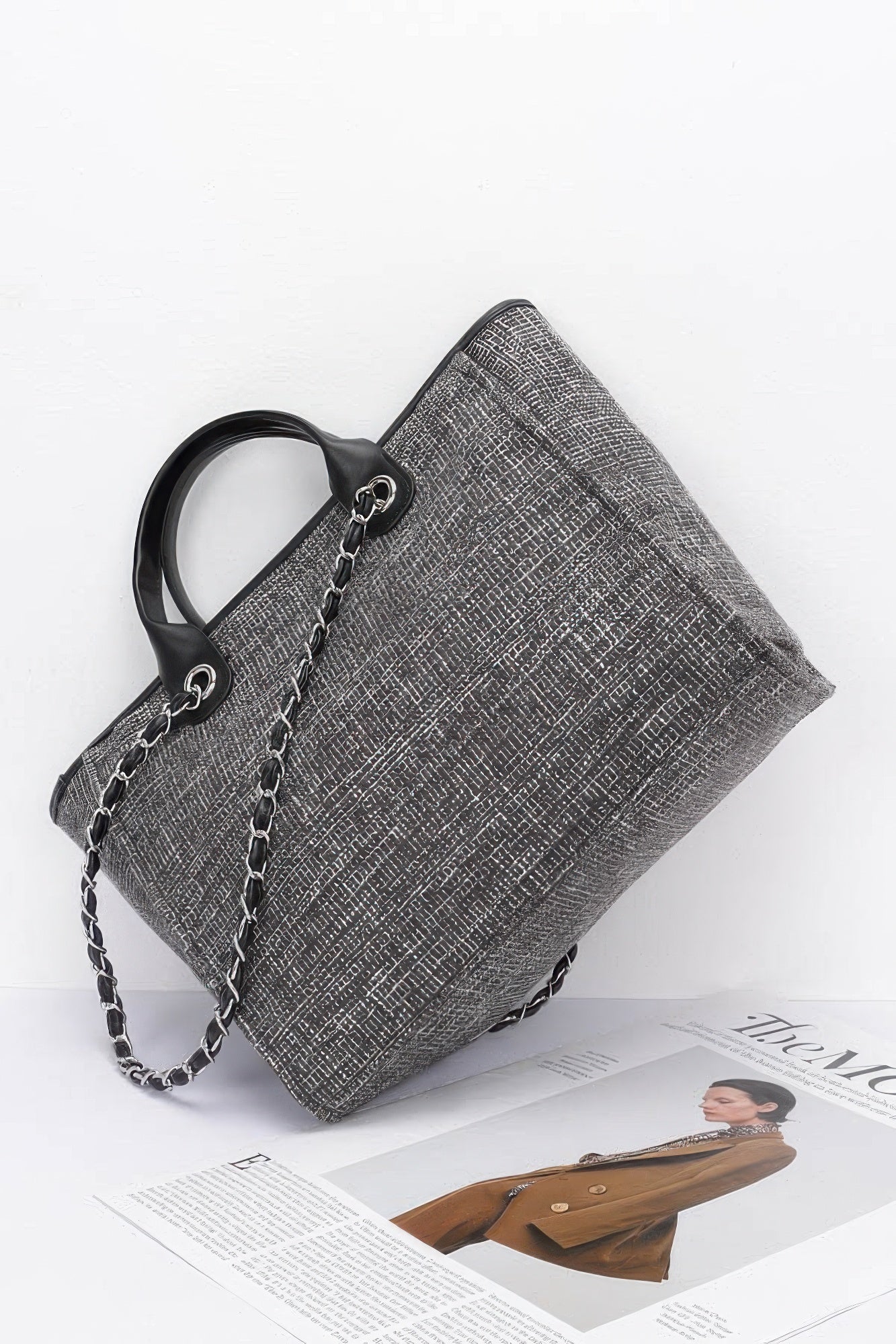 Textured Polyurethane Tote Bag with Chain Accents Secondary image