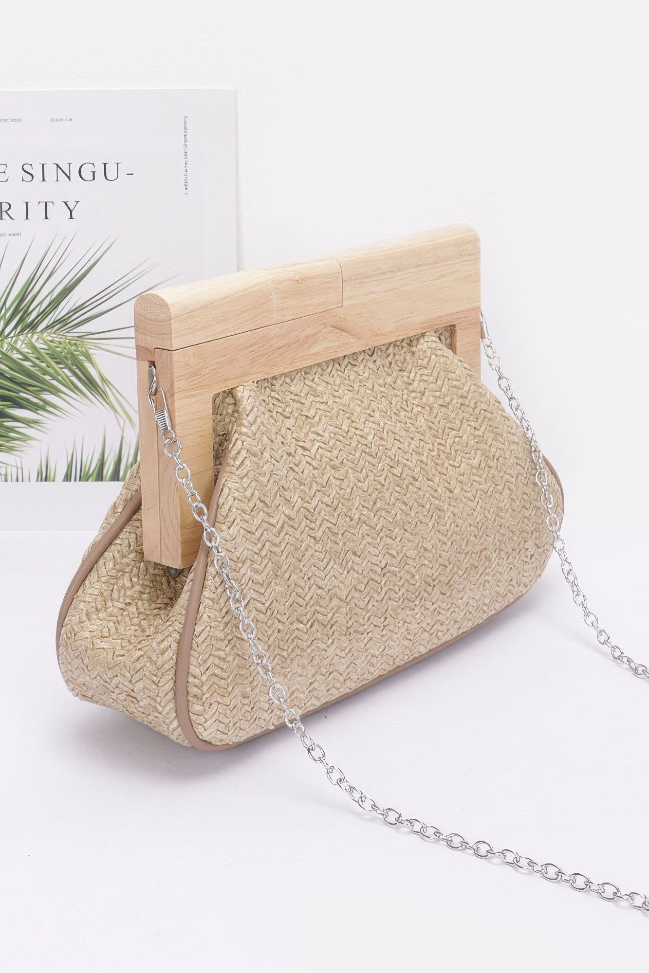 Faux Straw Textured Wood Frame Clutch Secondary image