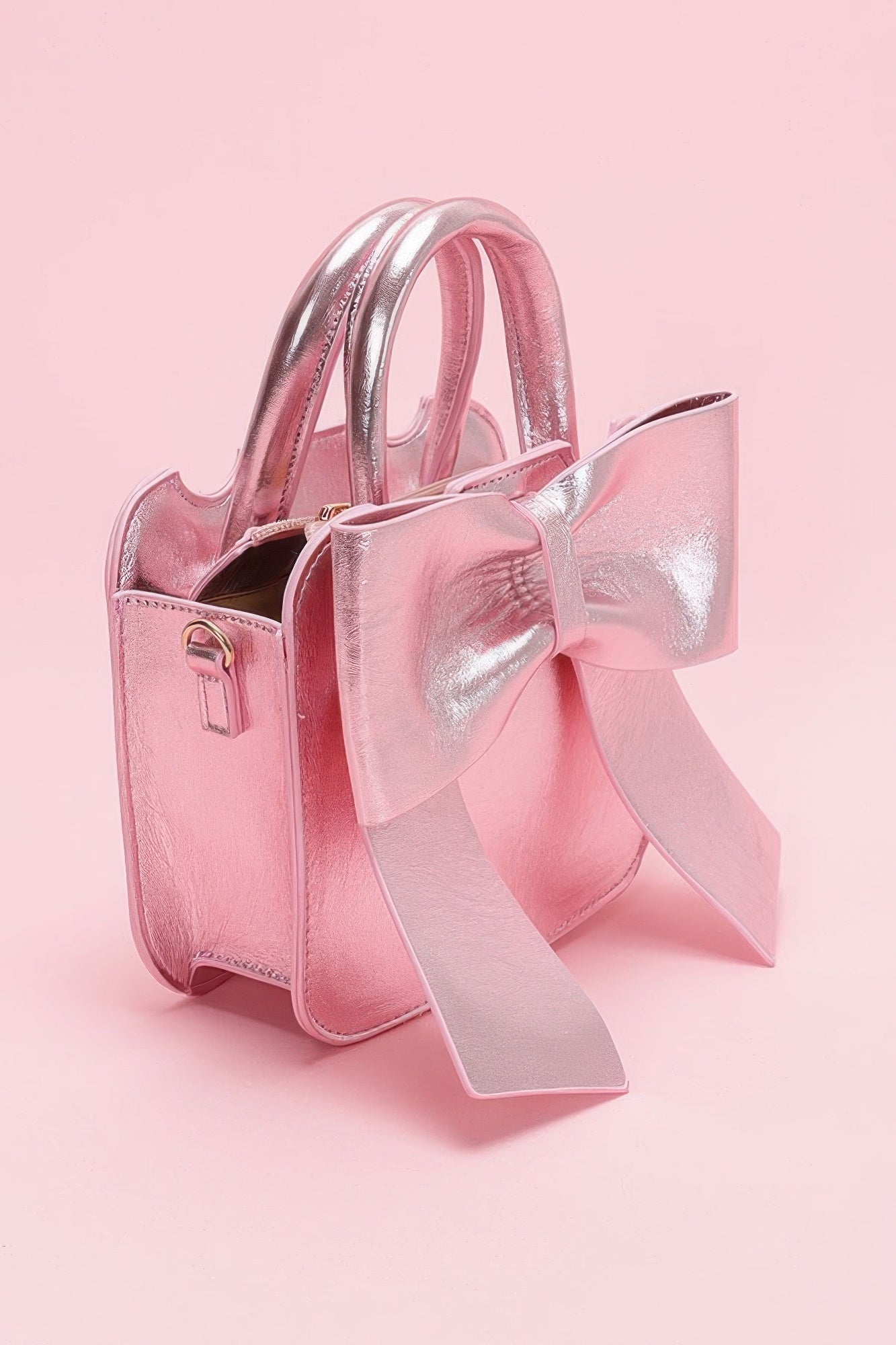 Light Pink Metallic Bow Handbag With Top Handle Secondary image