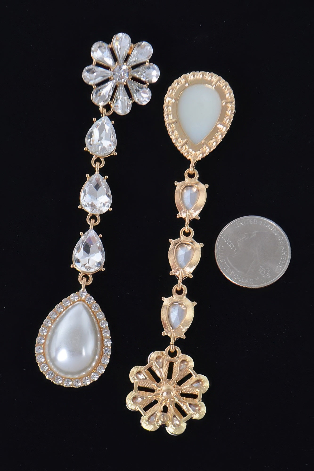 Gold Pearl and Rhinestone Layered Drop Earrings Secondary image