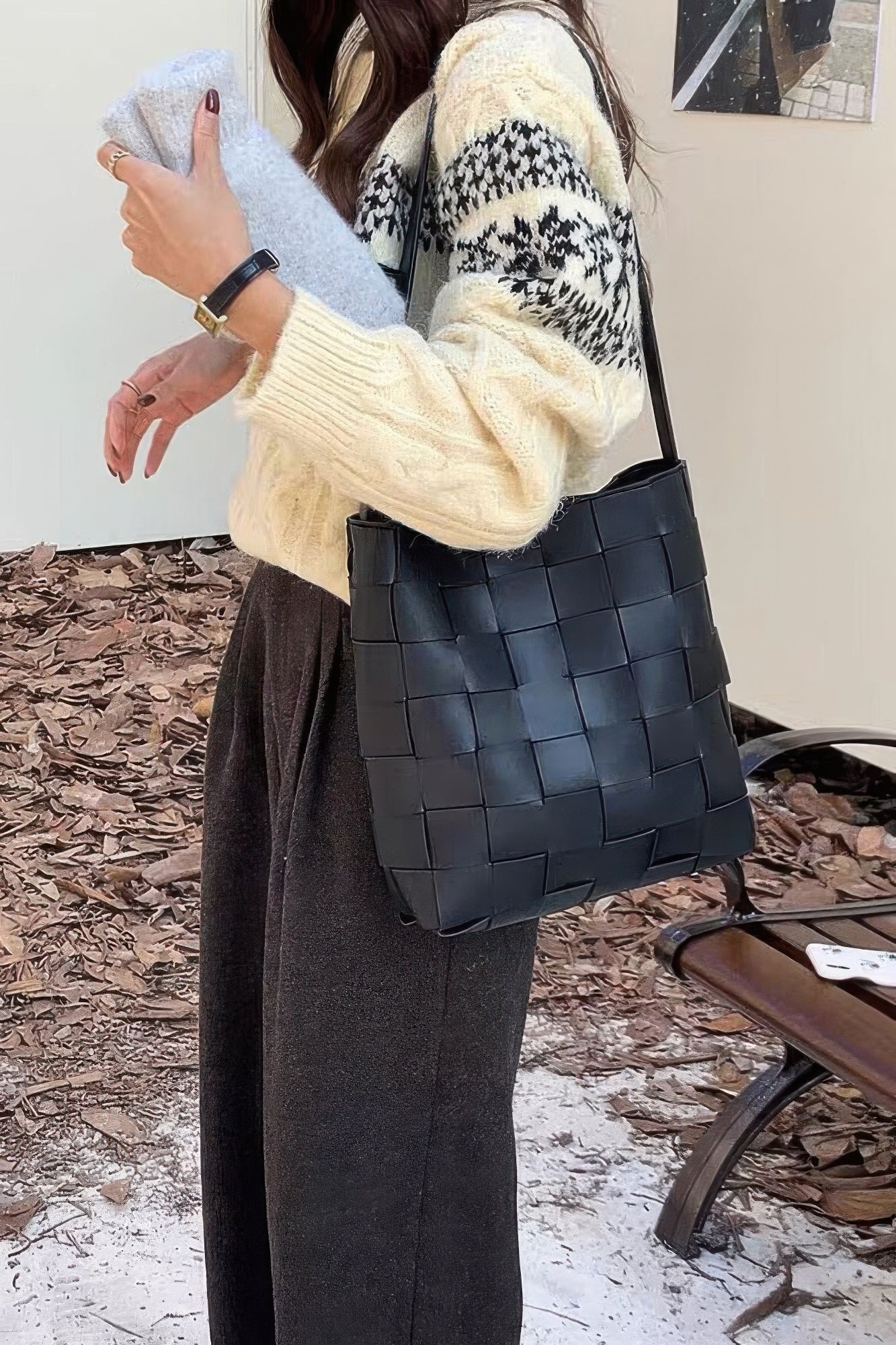 Braided Faux Leather Shoulder Bag with Detachable Pouch Secondary image
