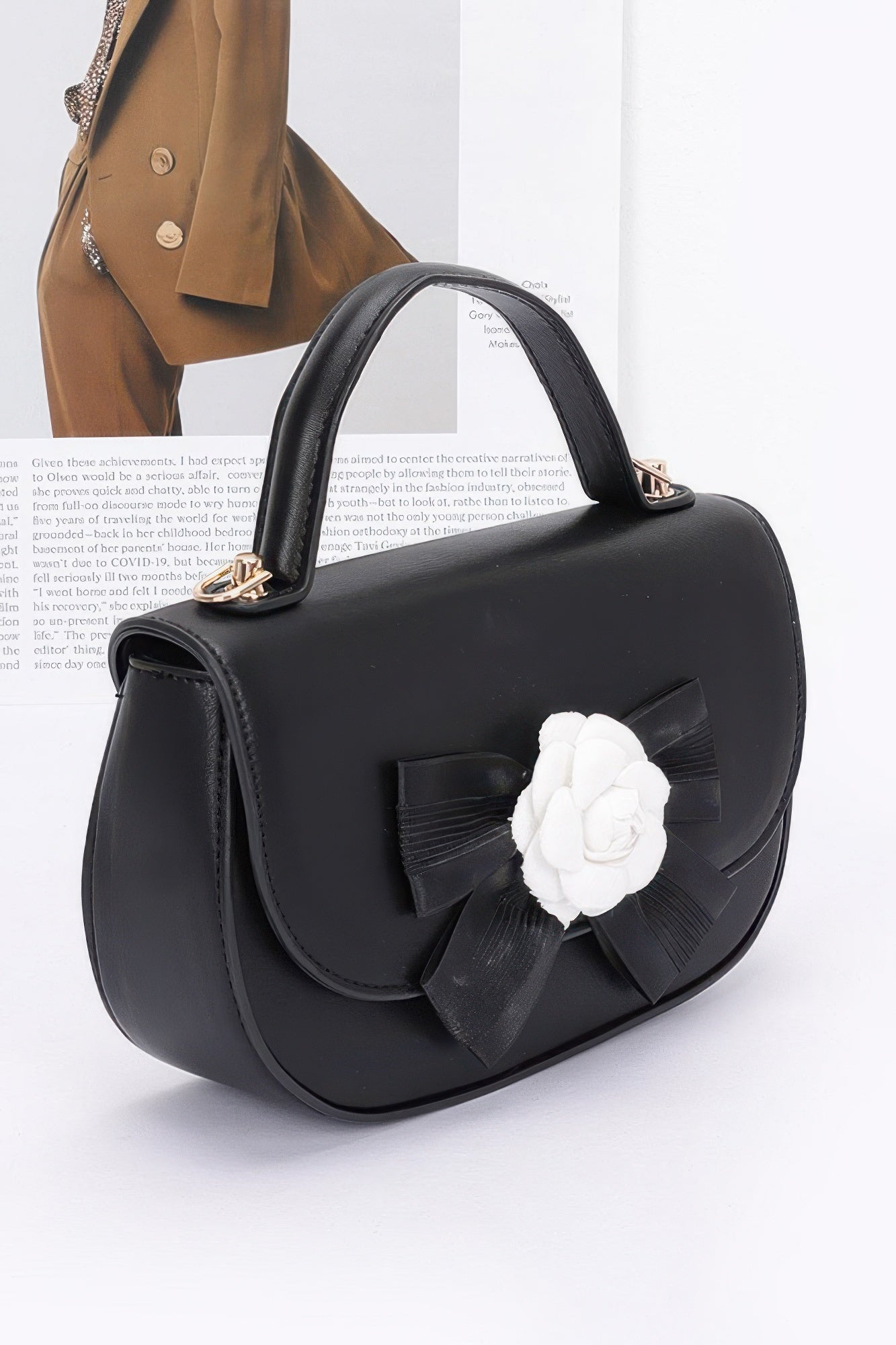 Flower Bow Faux Leather Top Handle Flap Bag Secondary image