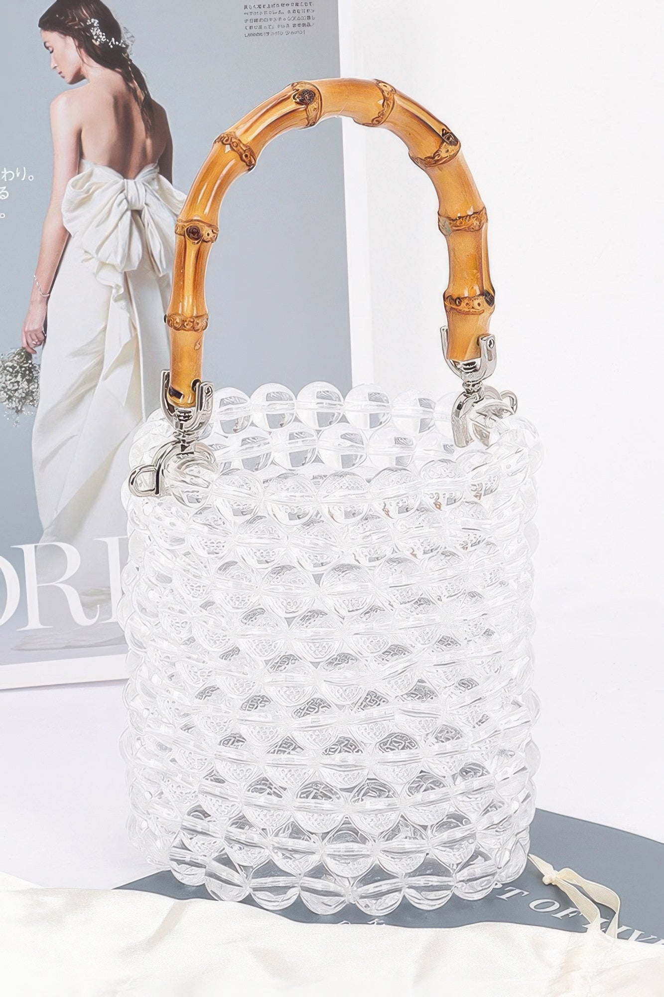 Clear Beaded Bucket Bag with Bamboo Handle Secondary image