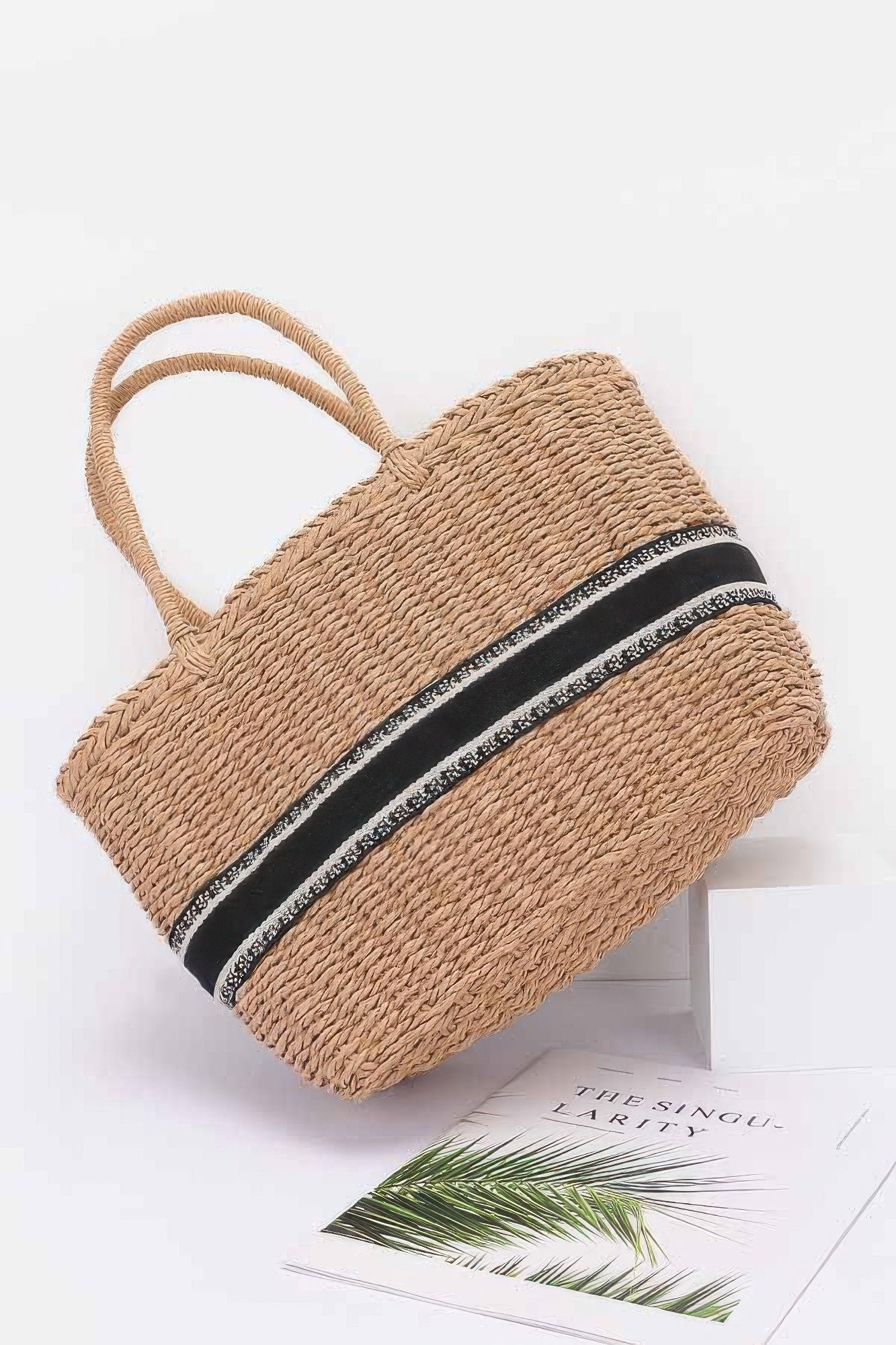 Woven Faux Straw Tote with Contrast Trim Secondary image