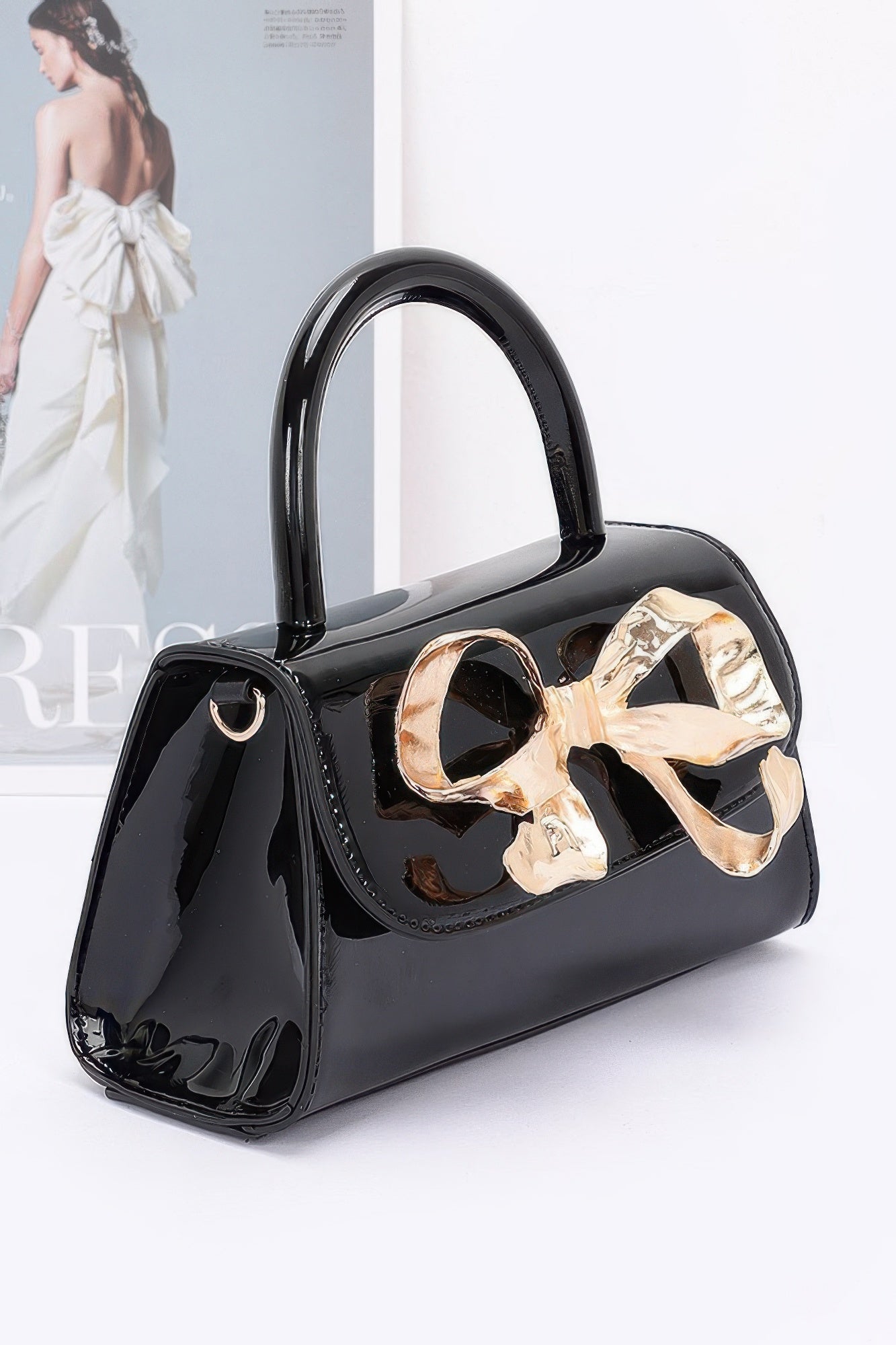 Faux Leather Bow Accent Top Handle Bag Secondary image