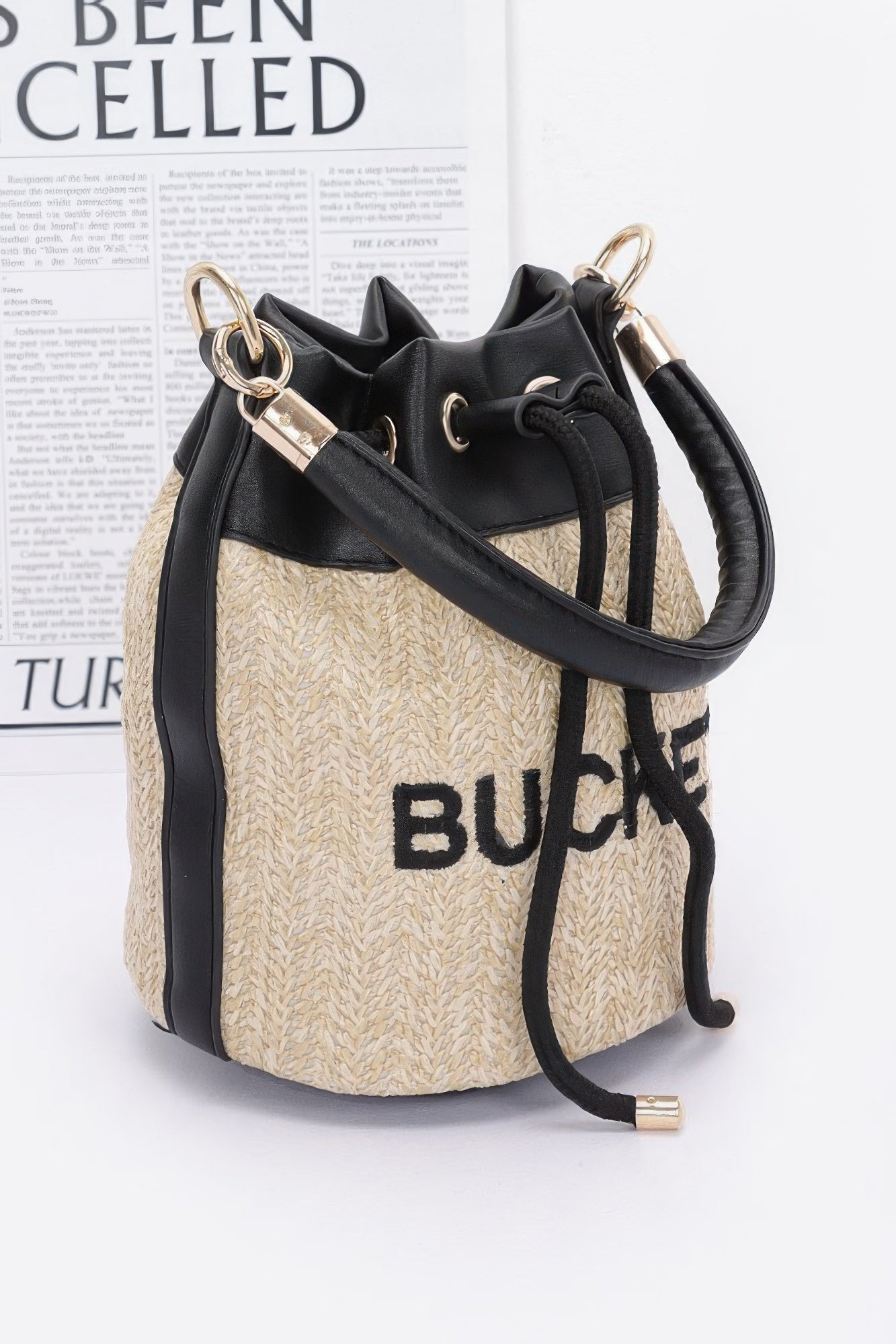 Two-Tone Faux Straw Bucket Bag with Drawstring Secondary image