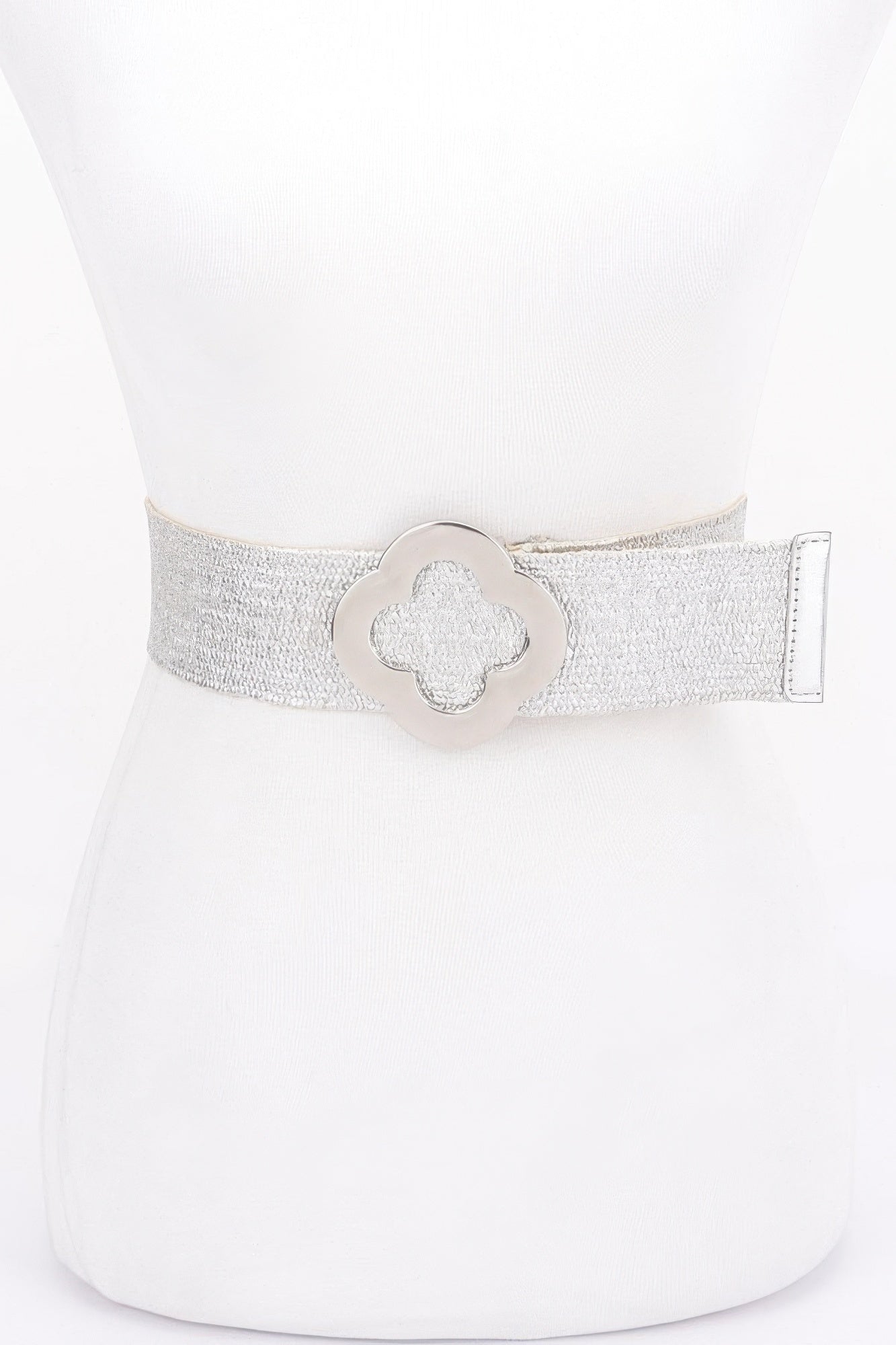 Silver Metallic Stretch Belt with Floral Buckle Secondary image