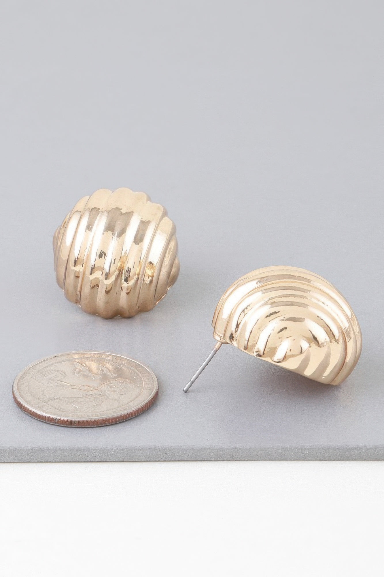 Gold Ribbed Dome Statement Earrings Secondary image