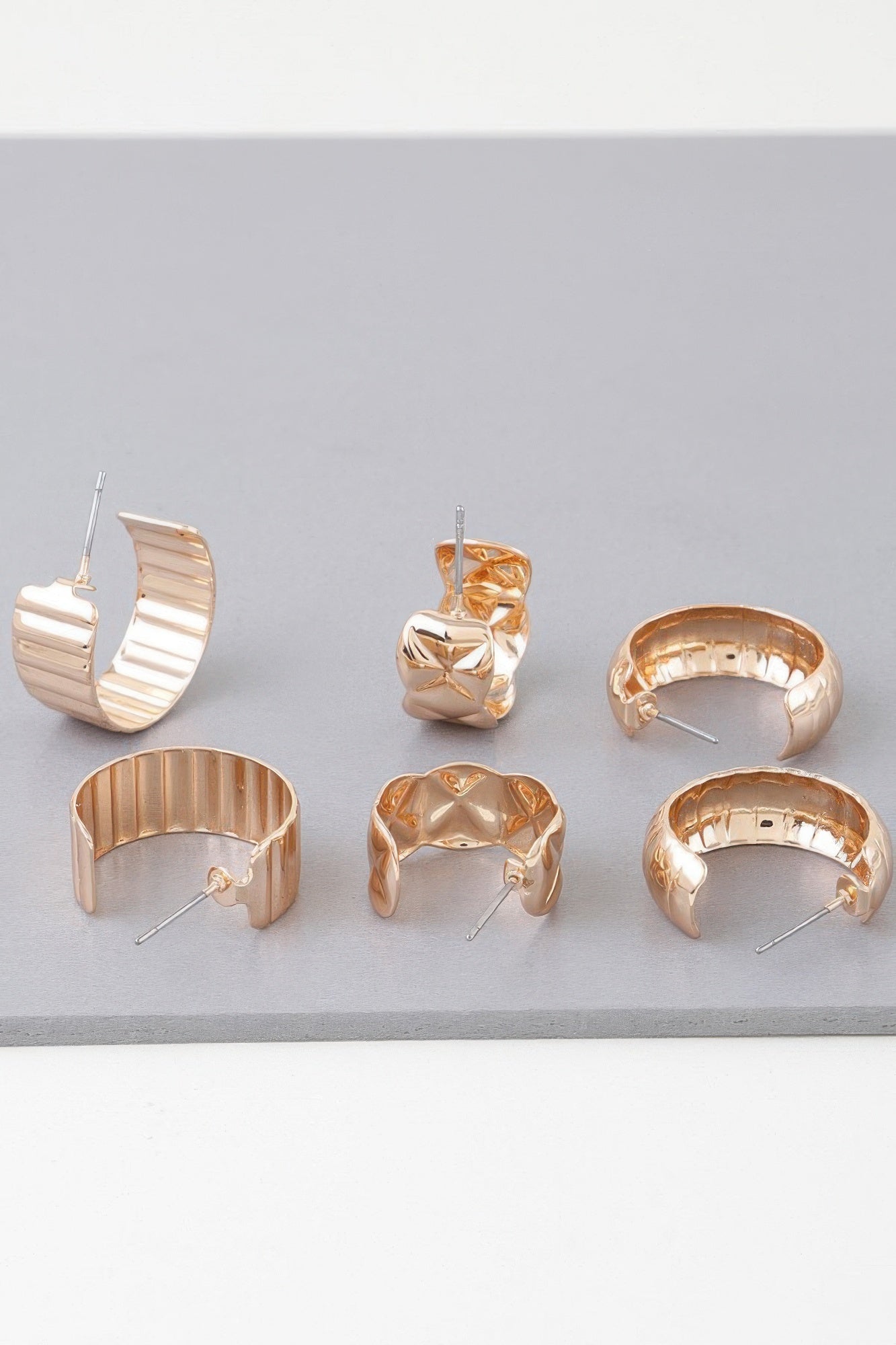 Gold Quilted Hoop Earrings, 3-Pair Set Secondary image