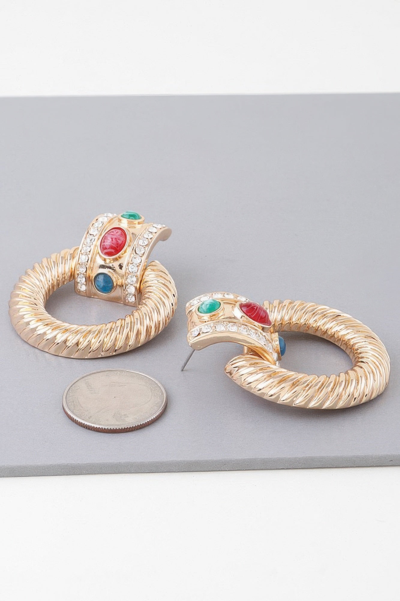 Gold Jeweled Ribbed Hoop Earrings Secondary image