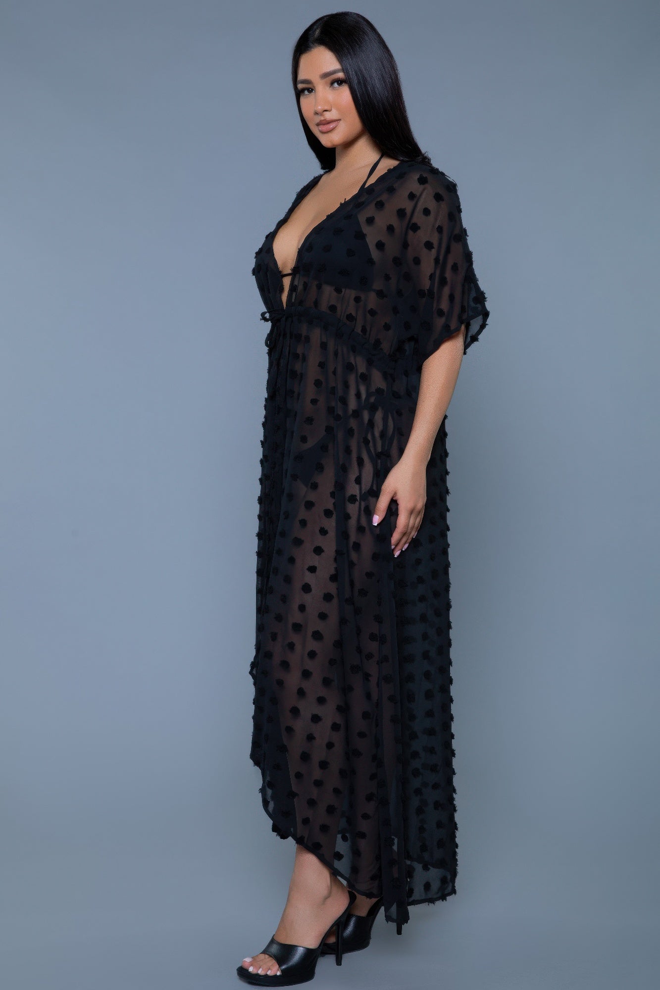 Black Swiss Dot Tie-Waist Maxi Cover-Up Dress Secondary image