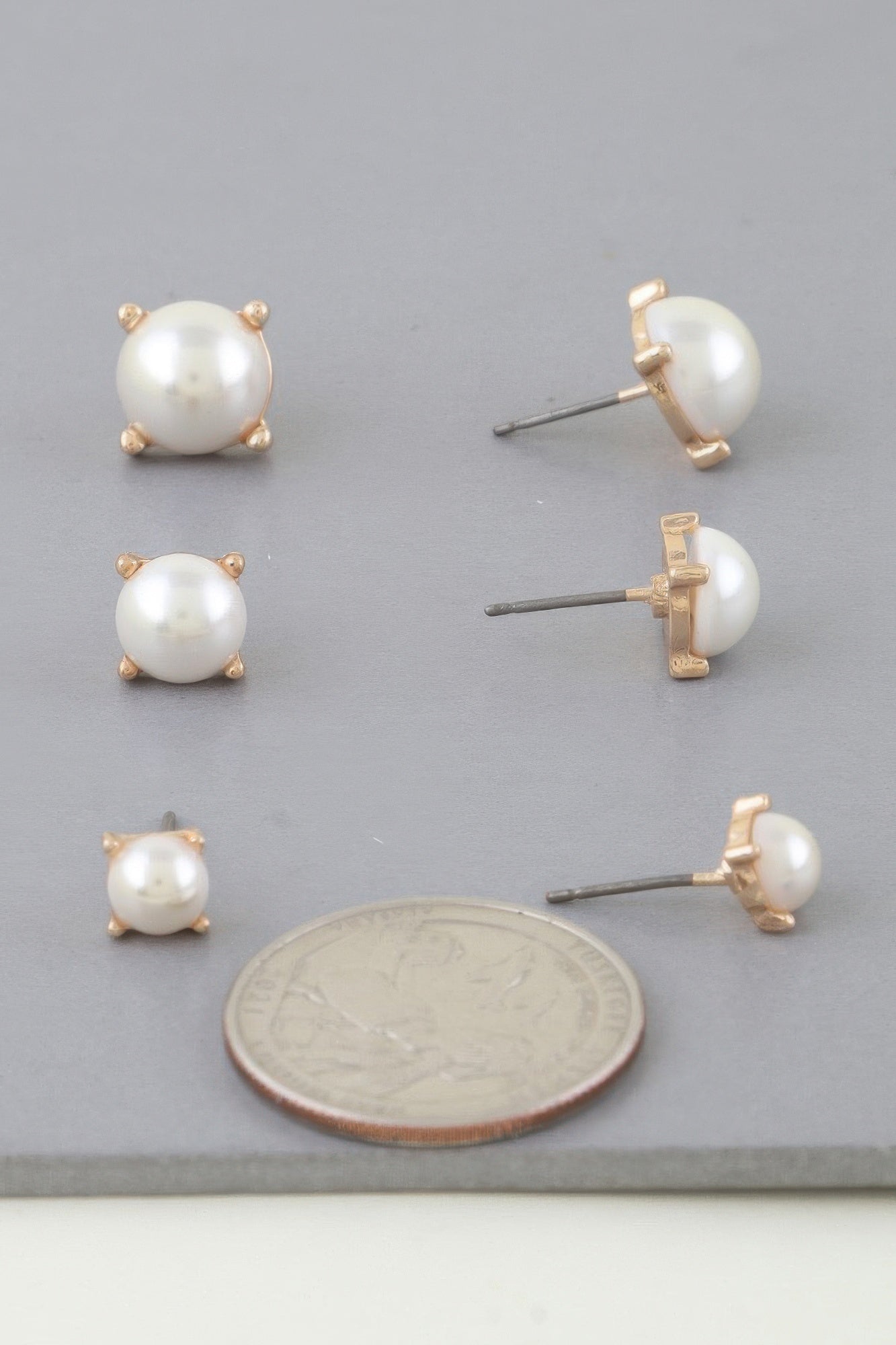 Graduated Faux Pearl Stud Earrings in Gold Cream Secondary image