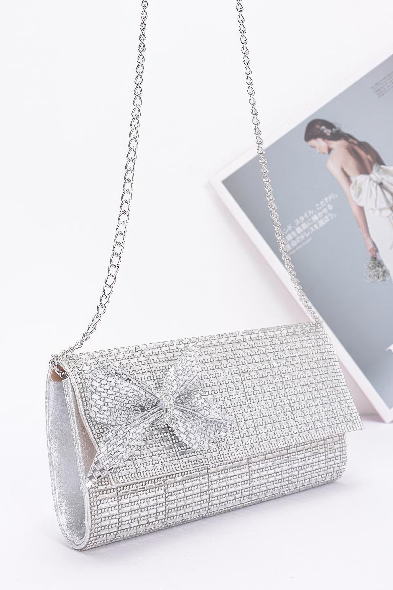 Rhinestone Bow Clutch With Chain Strap Secondary image