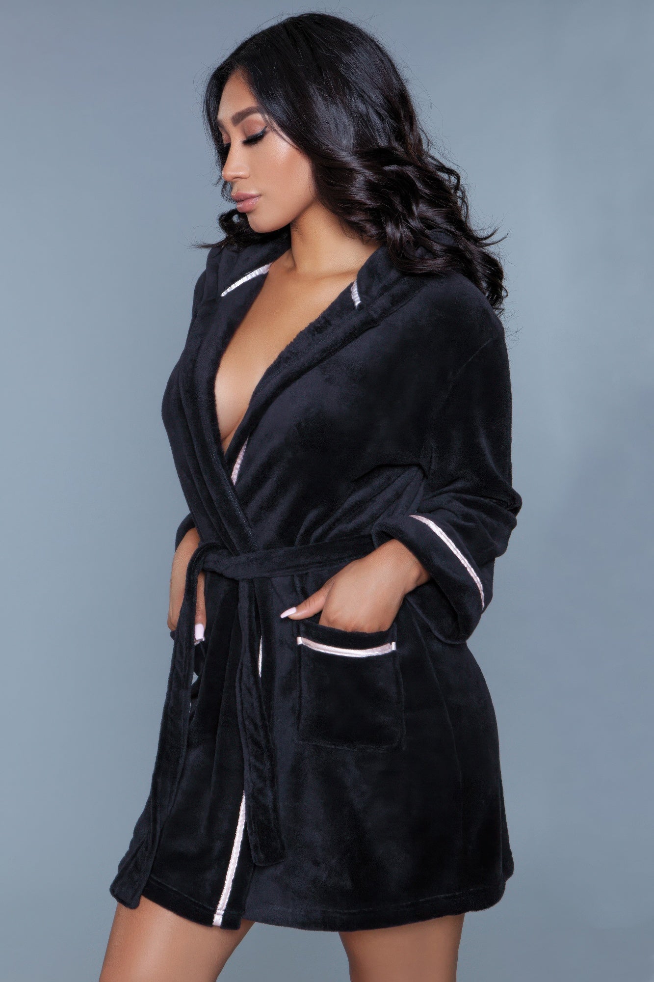 Black Hooded Plush Robe with Satin Piping Secondary image
