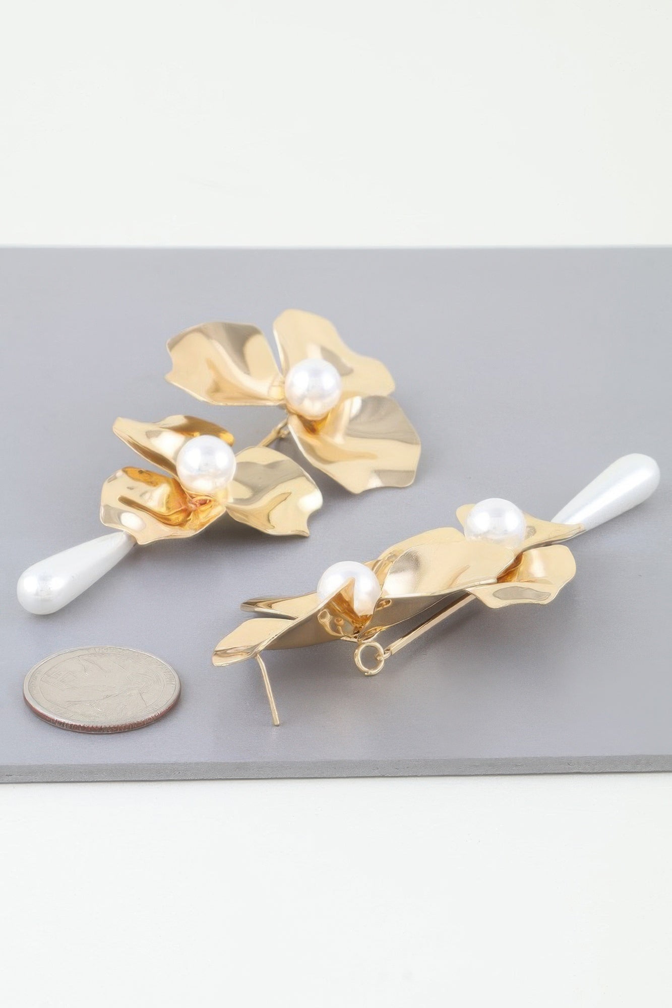 Gold Cream Floral Pearl Drop Earrings Secondary image