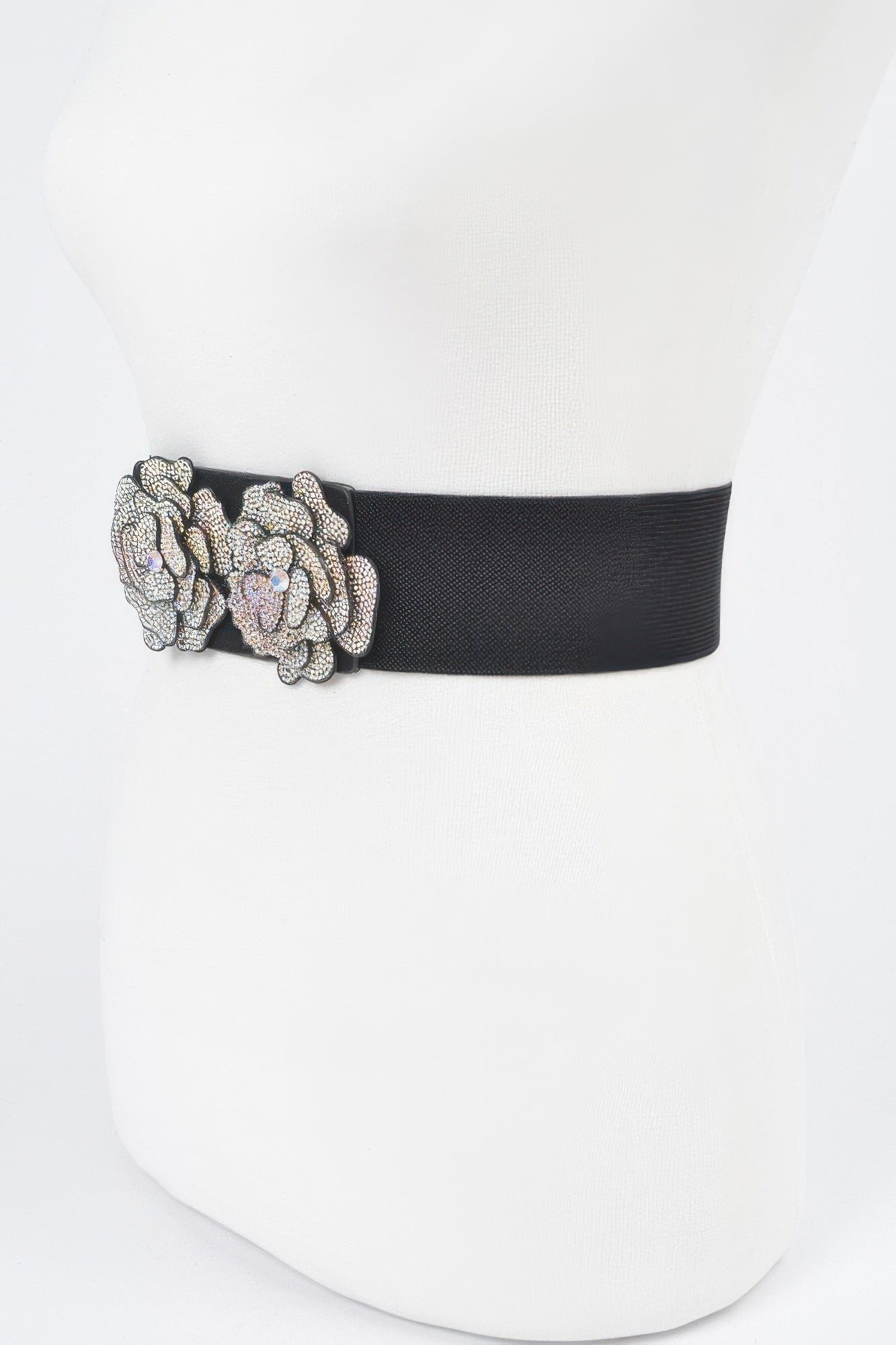 Black Stretch Belt with Rhinestone Flower Accents Secondary image