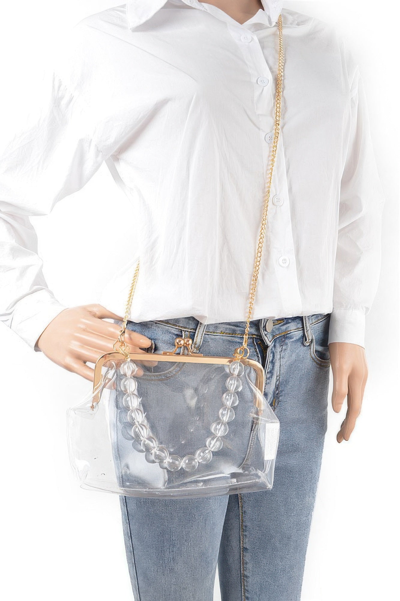 Clear PVC Clutch With Gold-Tone Frame and Chain Strap Secondary image