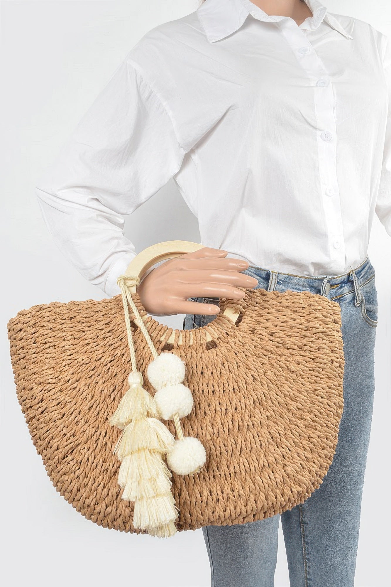 Woven Paper Tote with Wooden Handles and Tassel Accents Secondary image
