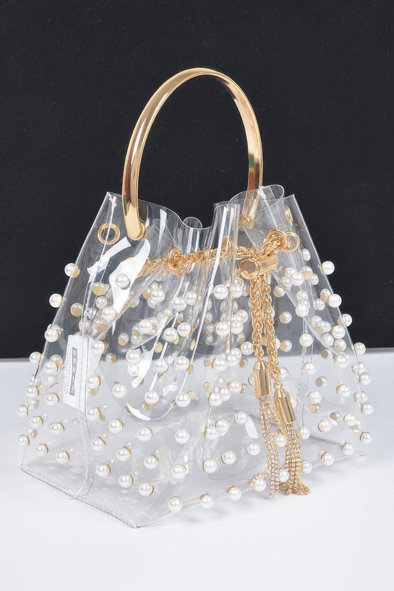 Clear Pearl Embellished Bucket Bag With Chain Tassel Secondary image