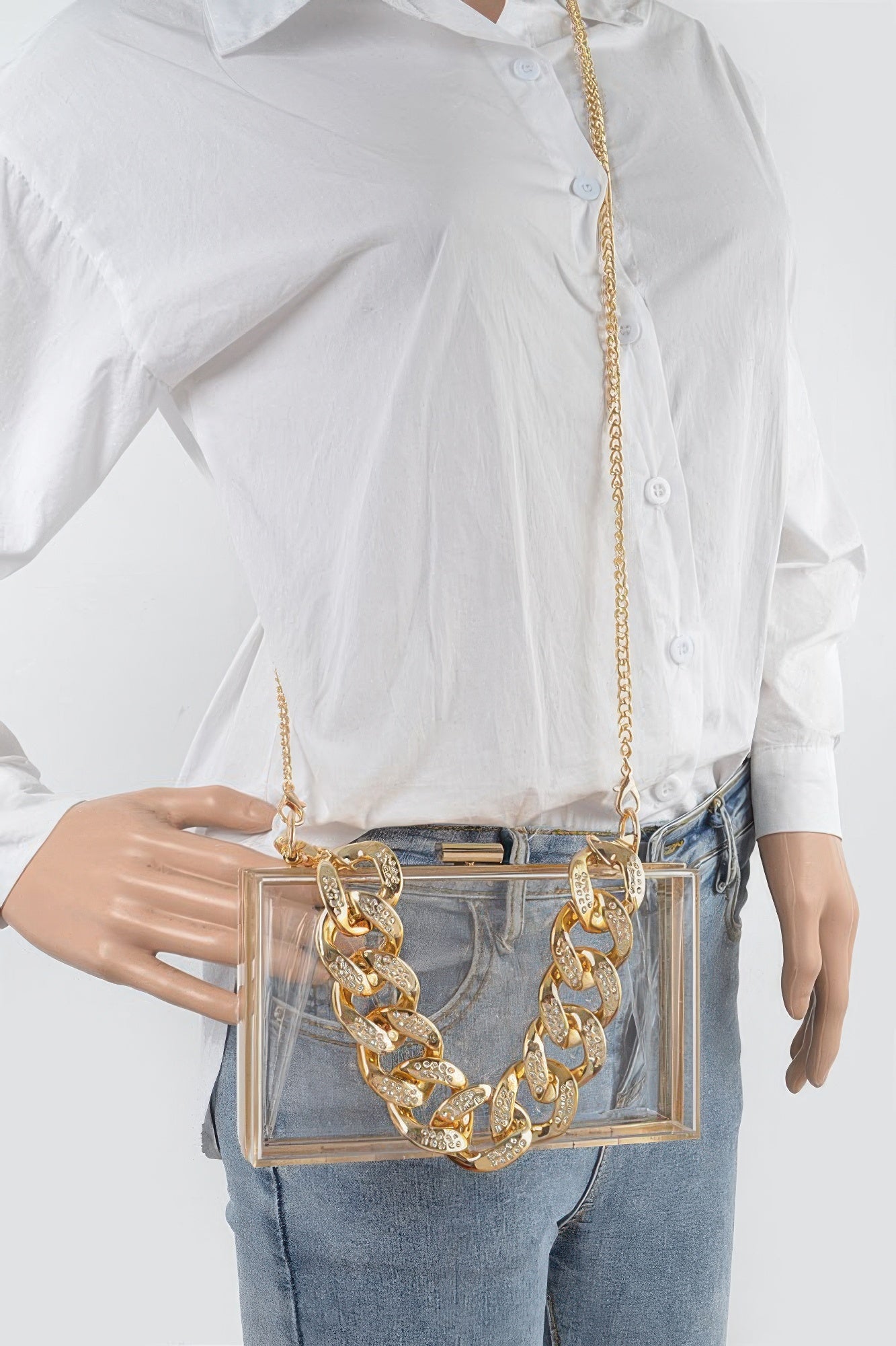 Clear Acrylic Clutch With Rhinestone Chain Secondary image