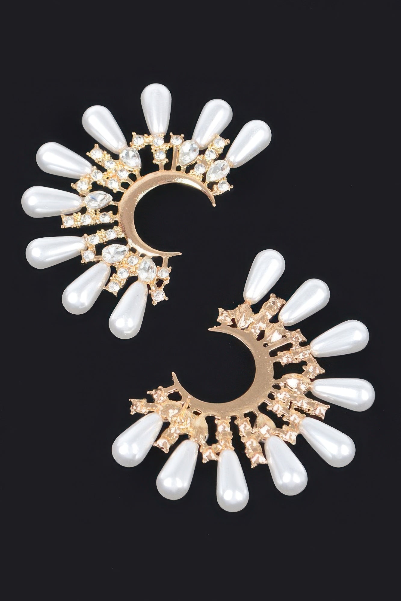Pearl and Rhinestone Sunburst Earrings in Gold-Tone Secondary image