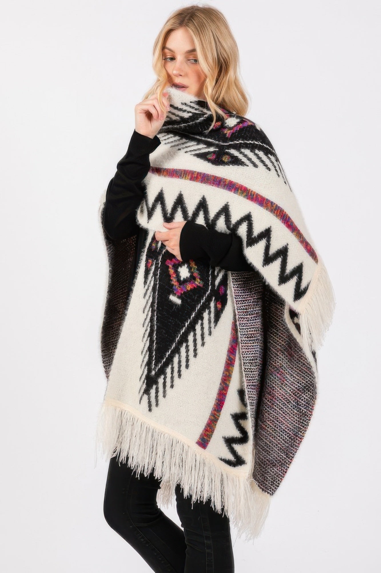 Patterned Knit Ruana with Fuzzy Texture and Tassel Trim Secondary image