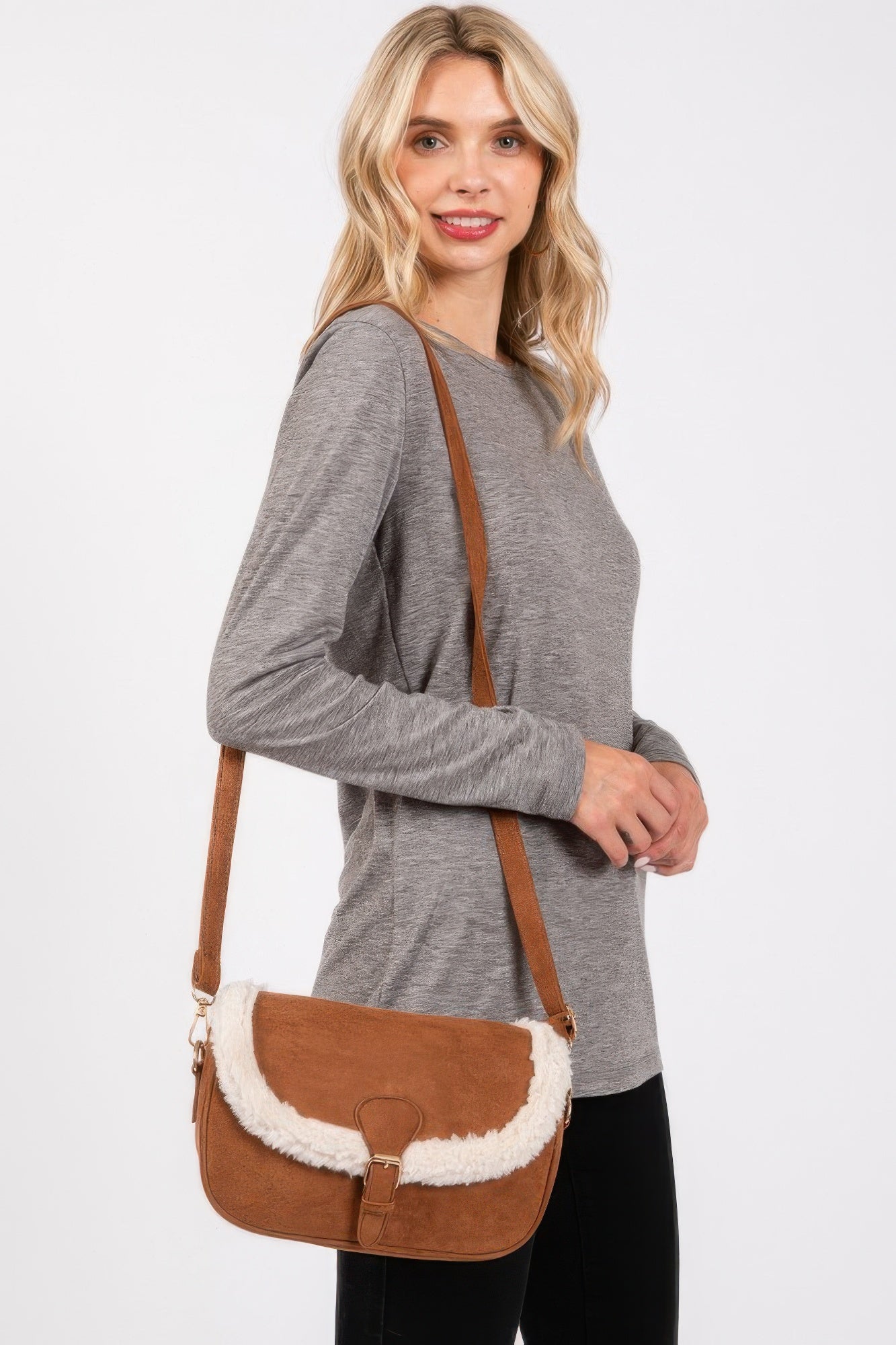 Faux Fur Trim Crossbody Bag with Adjustable Strap Secondary image