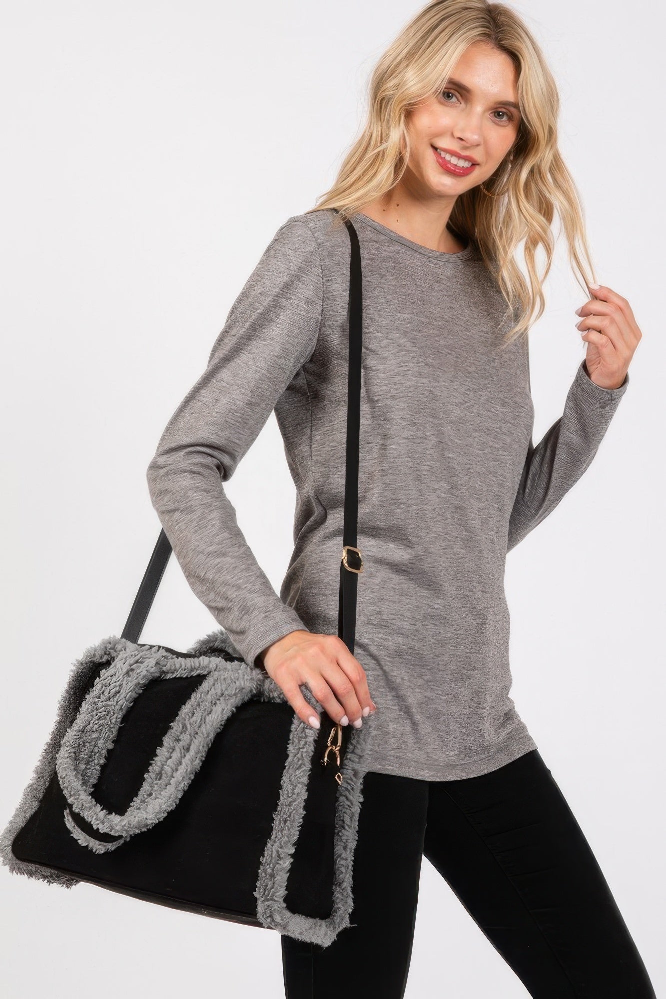 Fleece-Trimmed Tote and Crossbody Bag with Adjustable Strap Secondary image