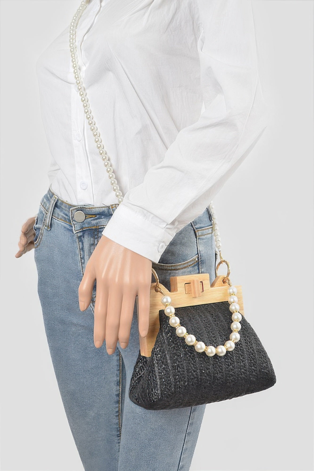 Textured Clutch With Wood Frame and Faux Pearl Chain Secondary image