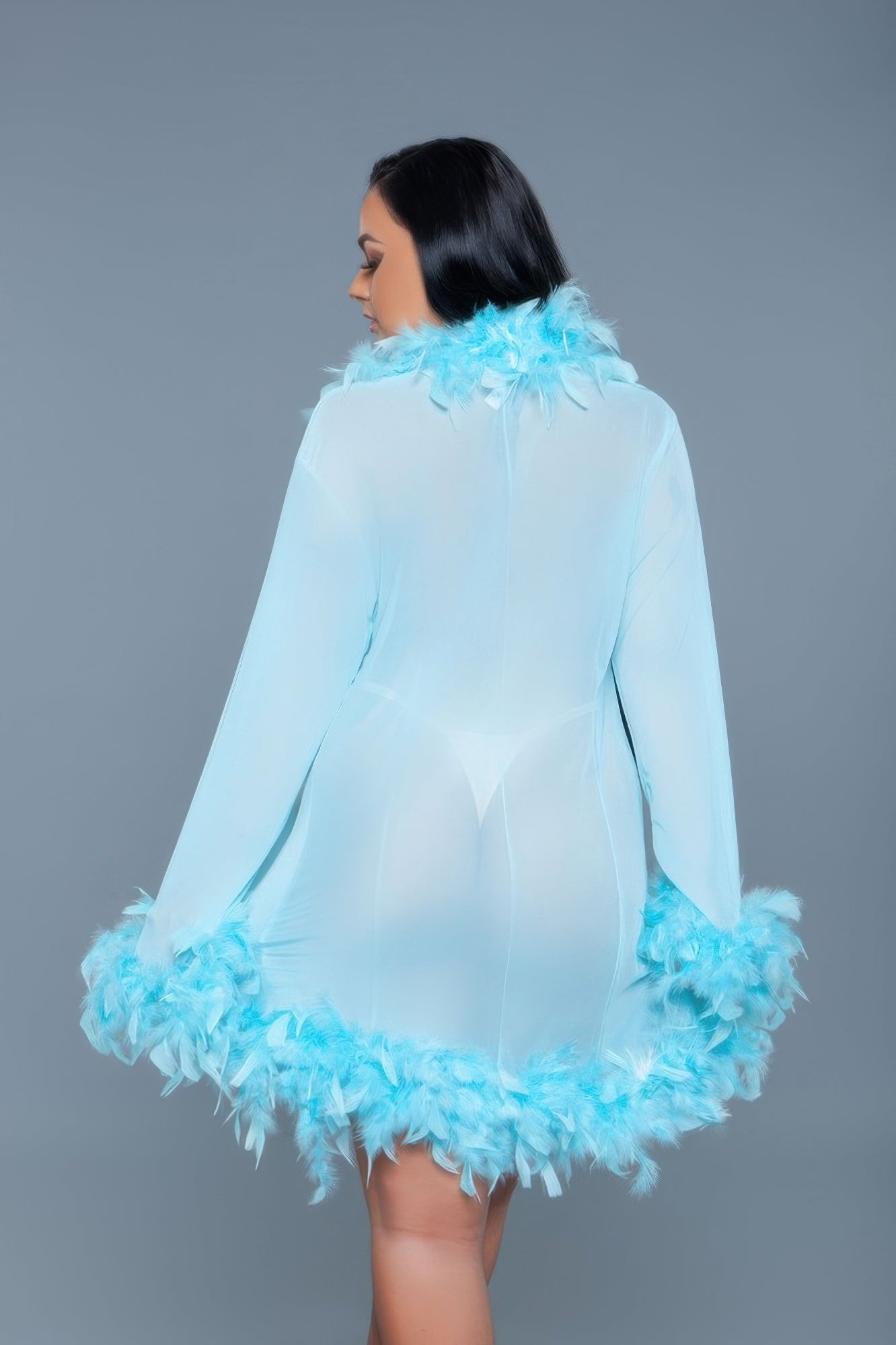 Sheer Mesh Feather-Trim Robe with Ribbon Tie Secondary image
