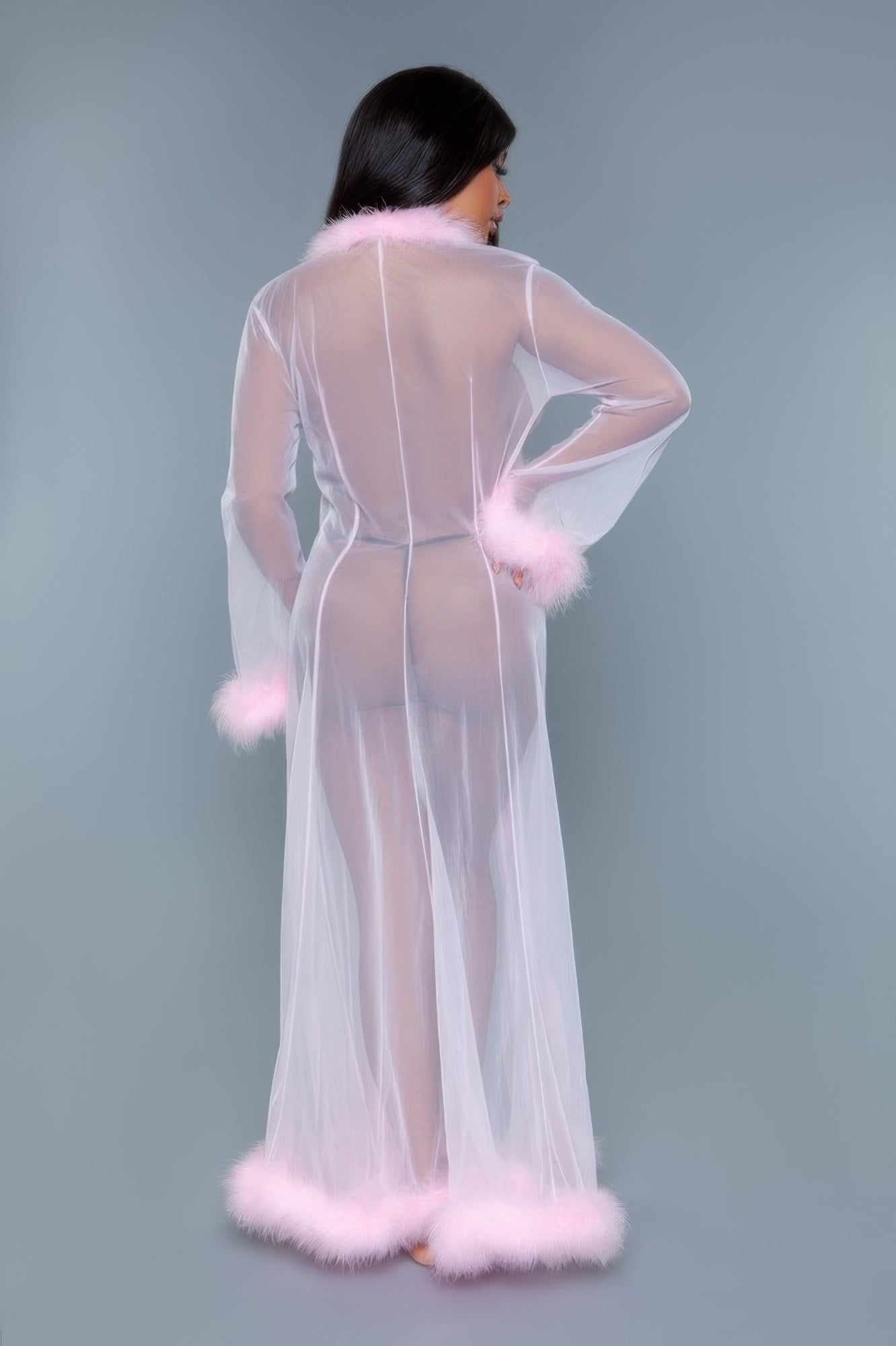 Sheer Mesh Full-Length Robe with Faux Fur Trim Secondary image