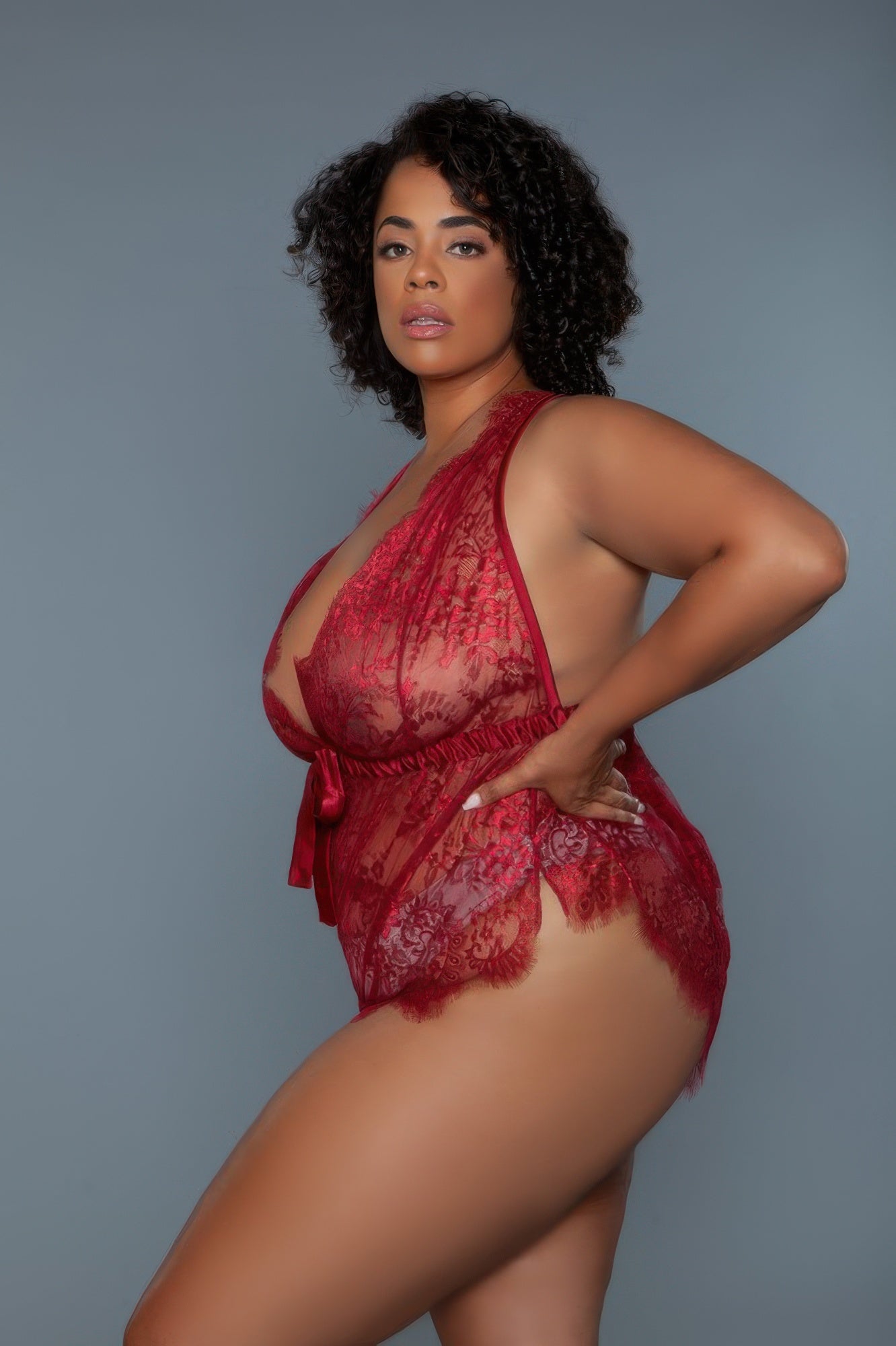 Red Lace Teddy With Satin Bow and Scalloped Trim Secondary image
