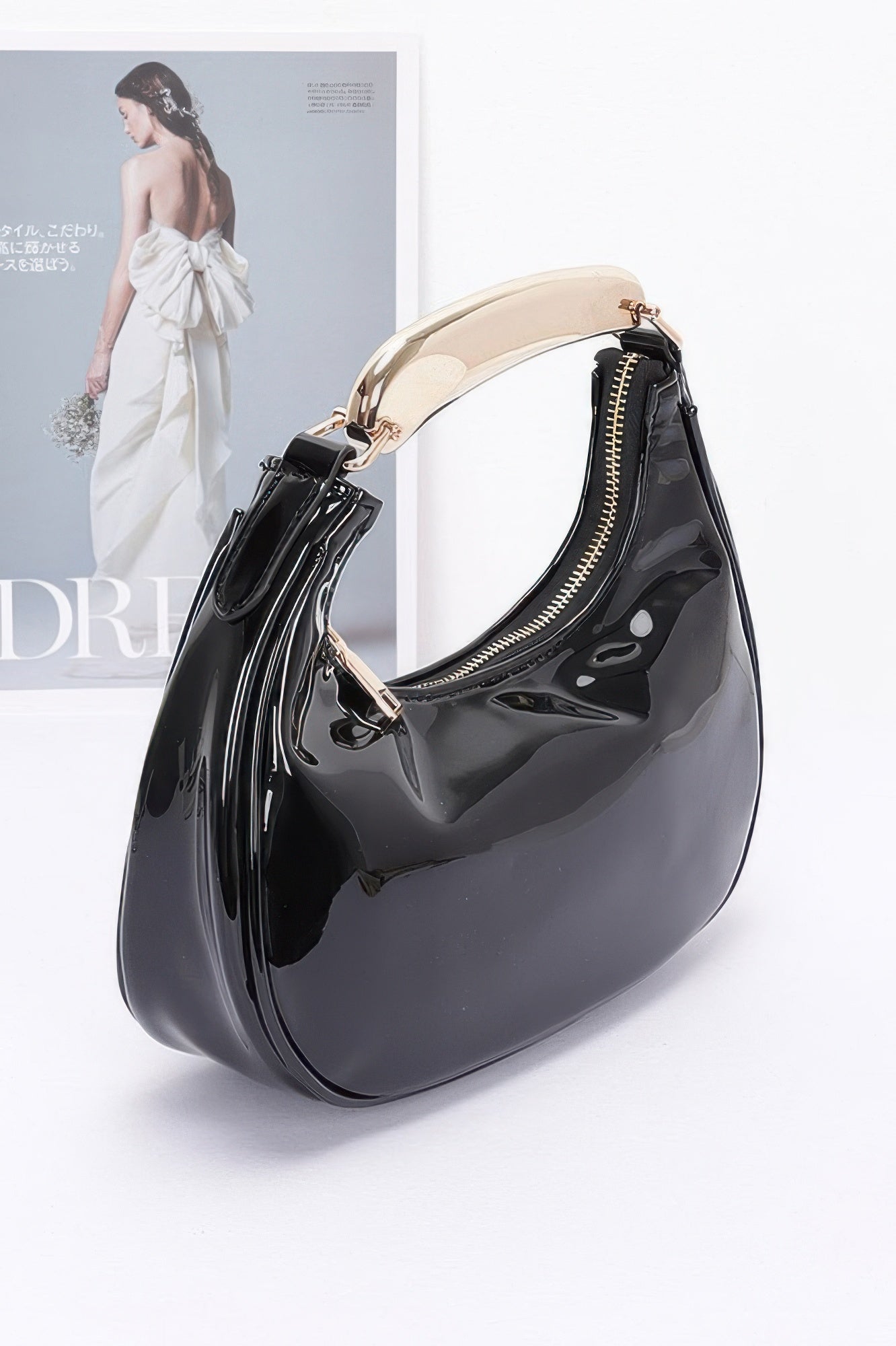 Structured Glossy Handbag with Metallic Handle Secondary image